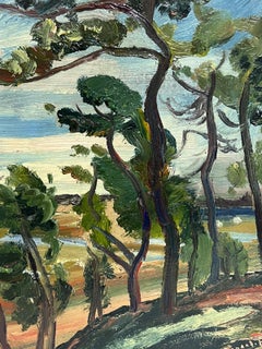 Windswept Trees Bucolic Green Landscape 1900's French Impressionist Oil Painting