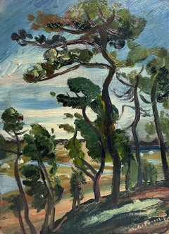 Windswept Trees Bucolic Green Landscape 1900's French Impressionist Oil Painting