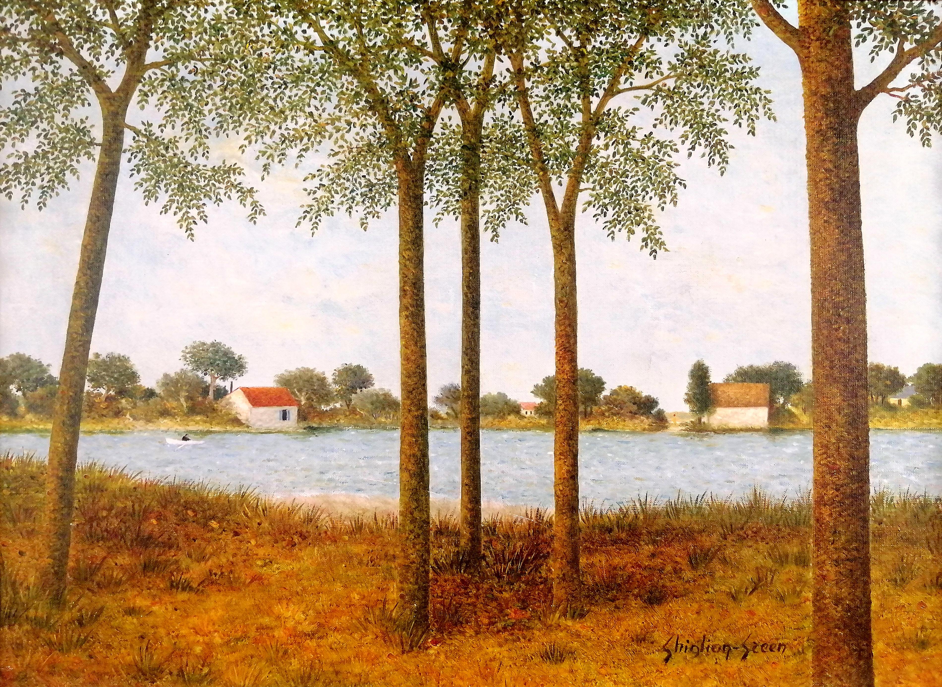 Bords de Rivière - Mid 20th Century French Naïf River Landscape Oil Painting - Brown Landscape Painting by Maurice Ghiglion-Green
