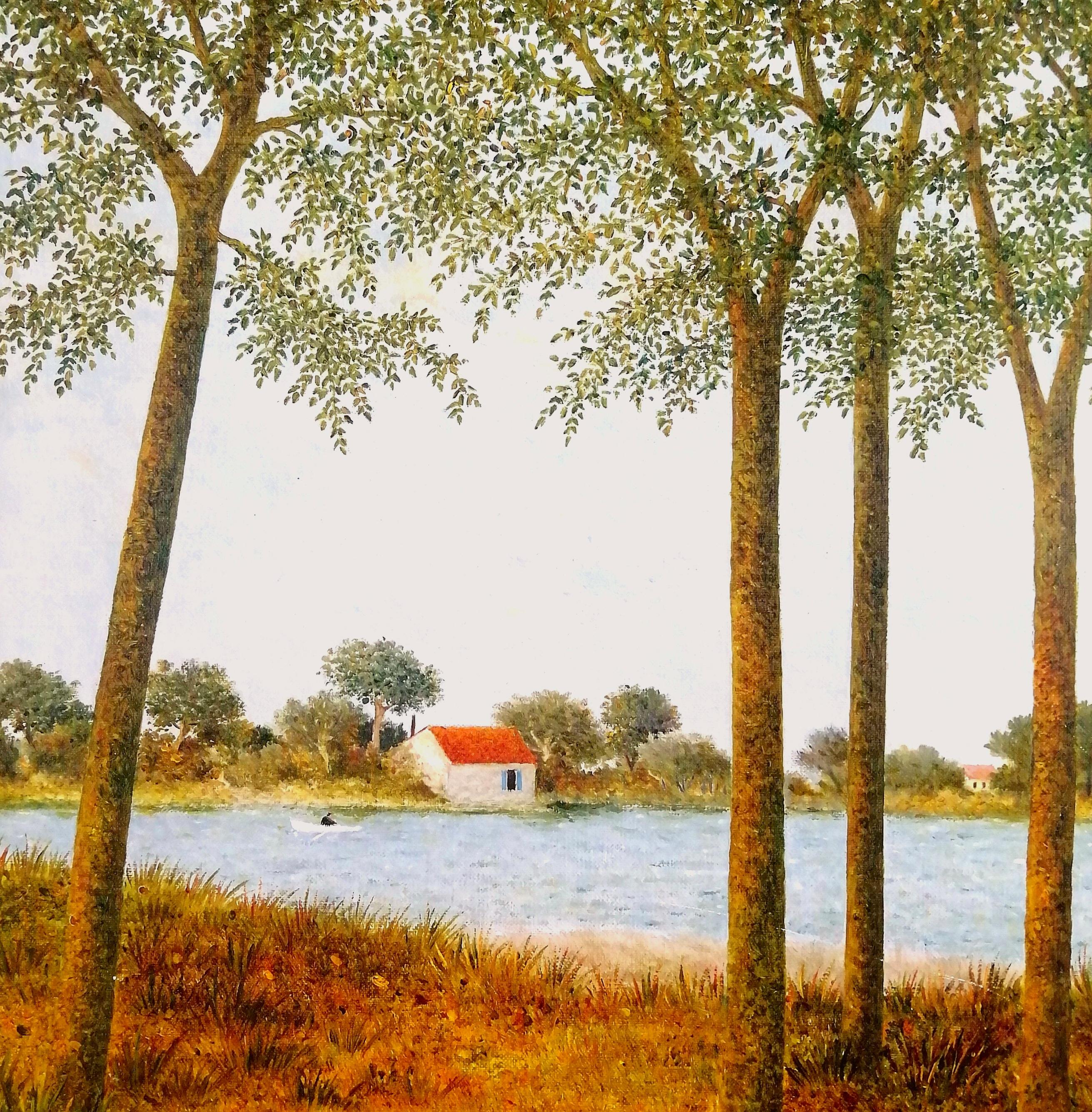 A beautiful mid 20th century French naïf oil on canvas depicting a tree lined river bank, by Maurice Ghiglion-Green. 

The artist is featured in Anatole Jakovsky's ''Peintres Naïfs'', which is considered the bible of 20th century French naïf