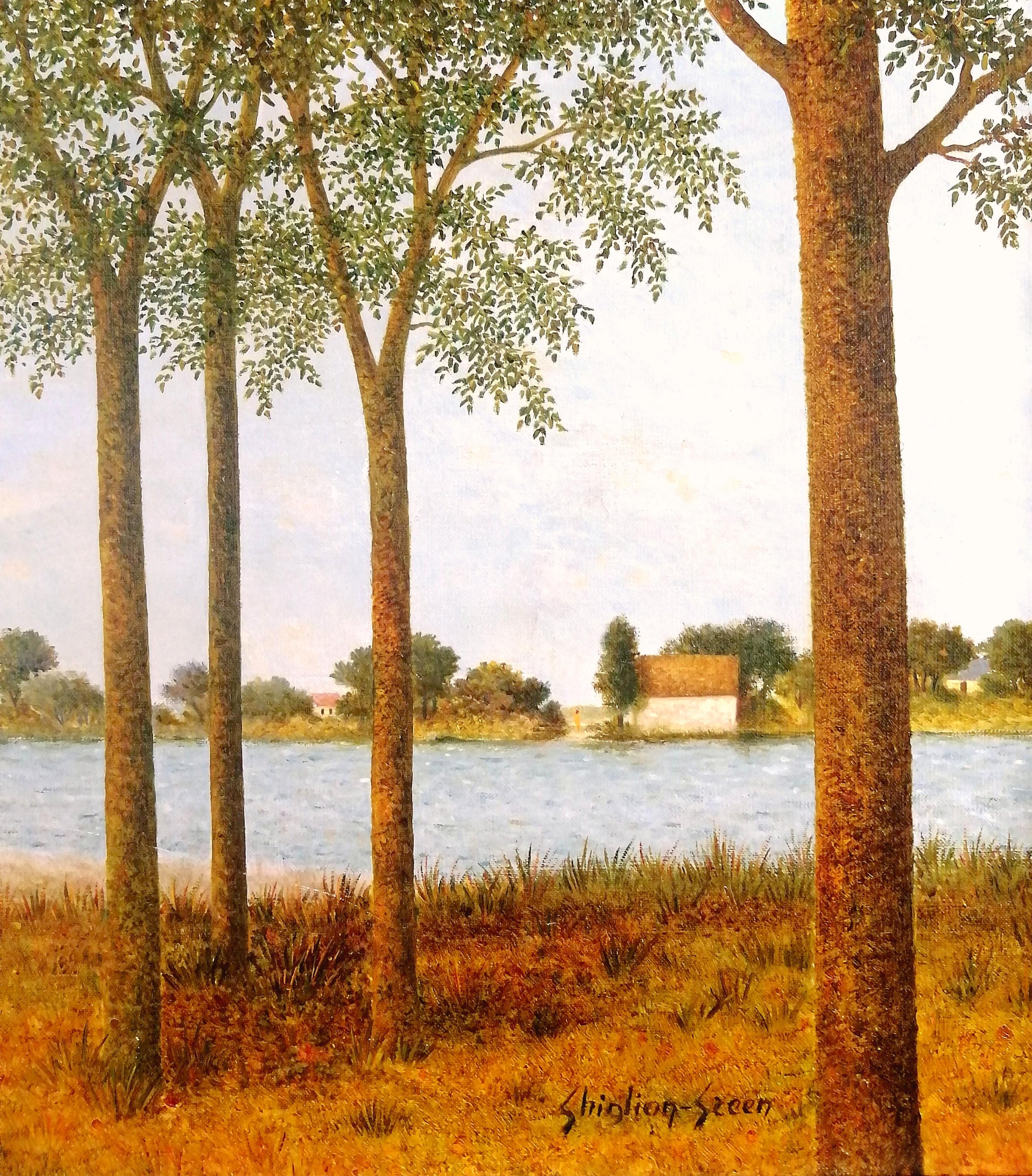 Bords de Rivière - Mid 20th Century French Naïf River Landscape Oil Painting For Sale 1
