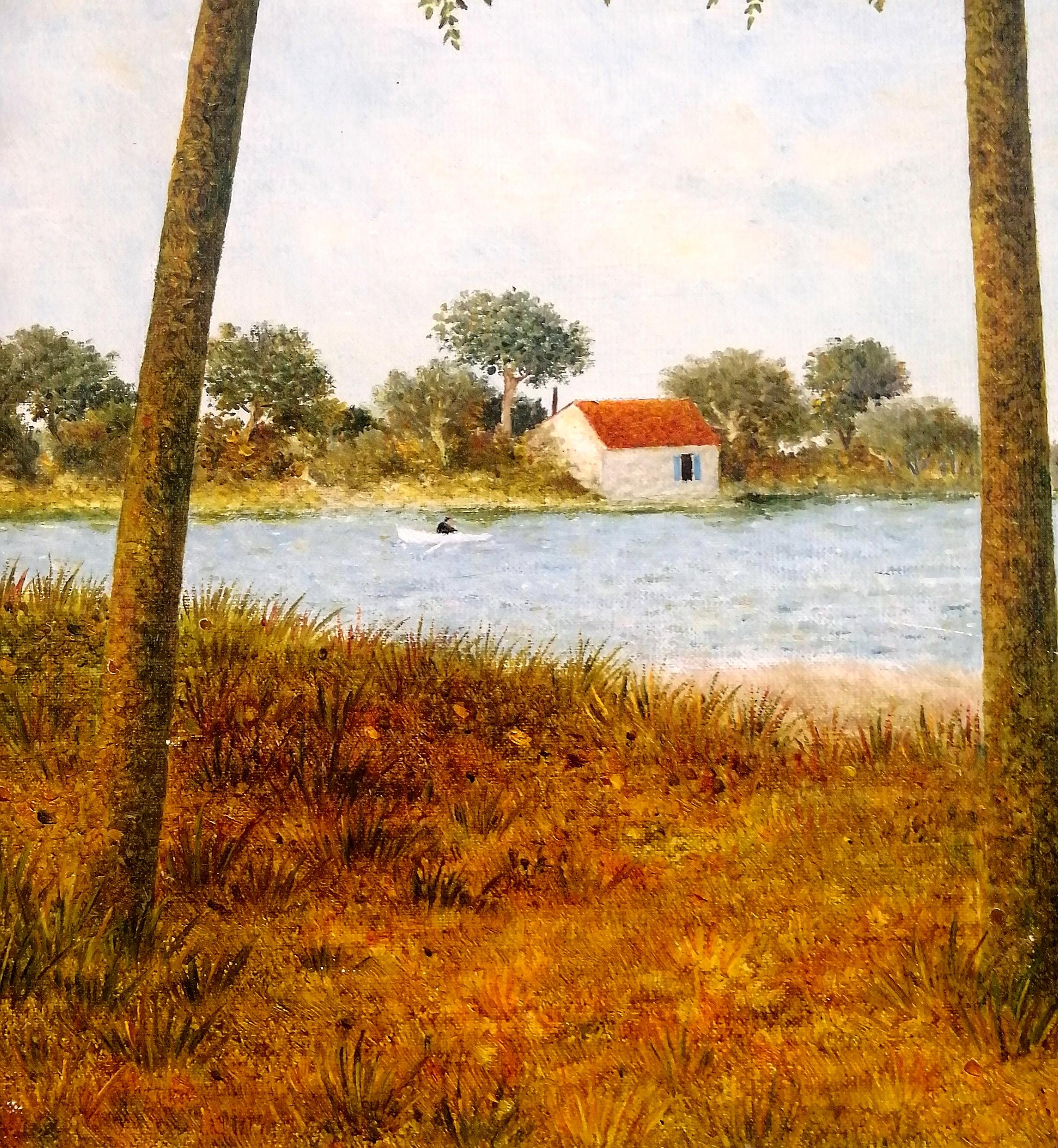 Bords de Rivière - Mid 20th Century French Naïf River Landscape Oil Painting For Sale 2