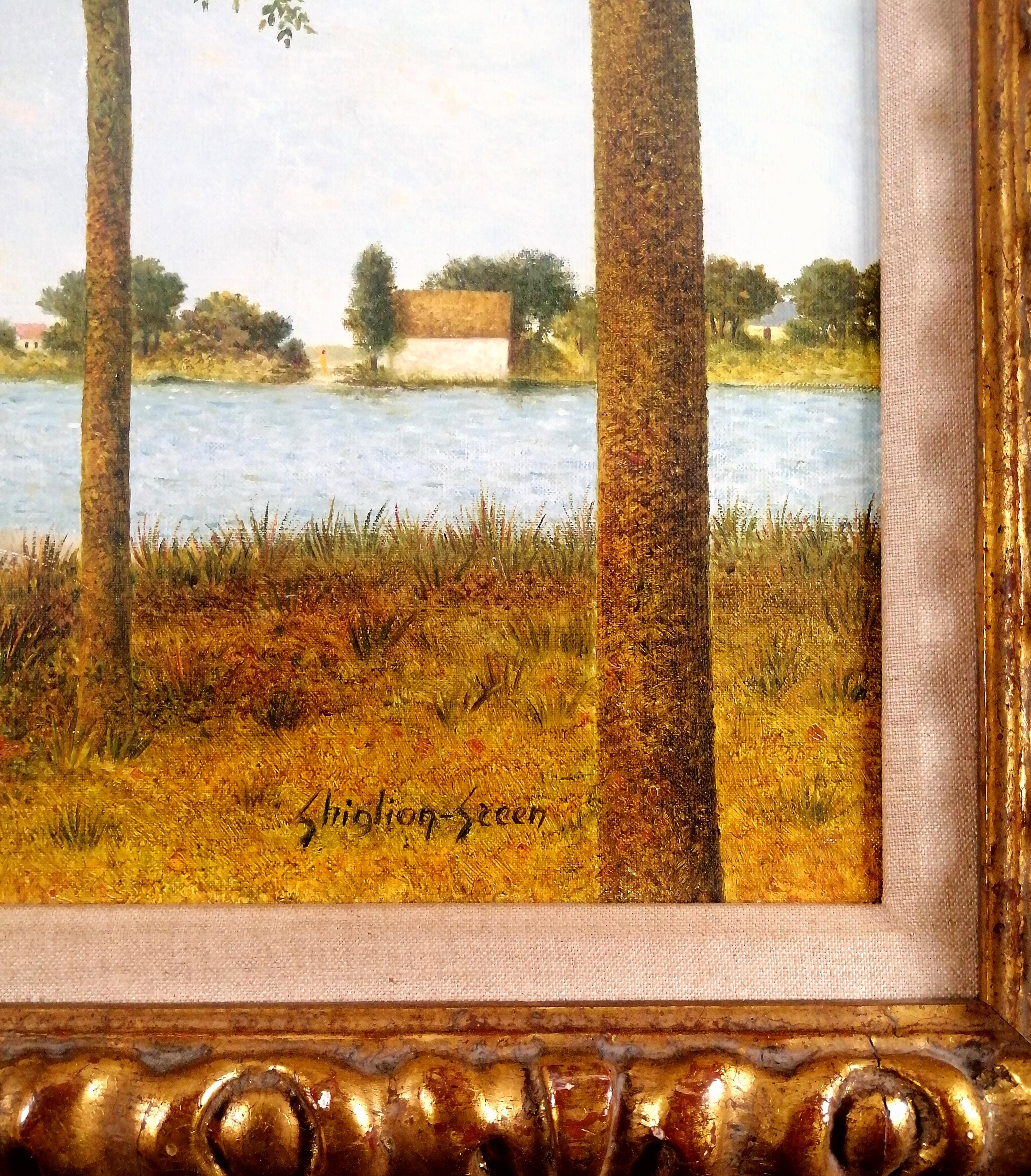 Bords de Rivière - Mid 20th Century French Naïf River Landscape Oil Painting For Sale 3
