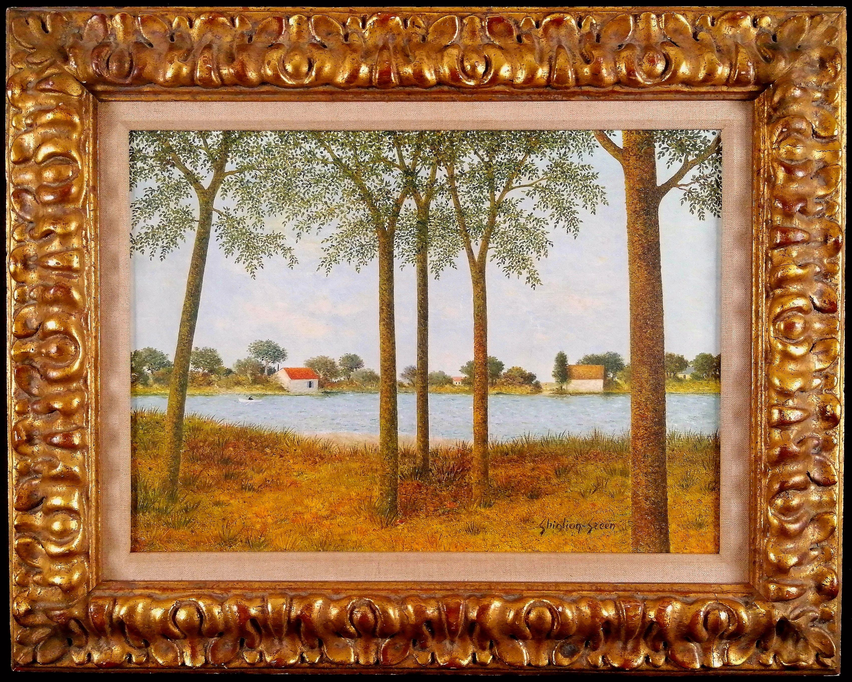 Maurice Ghiglion-Green Landscape Painting - Bords de Rivière - Mid 20th Century French Naïf River Landscape Oil Painting