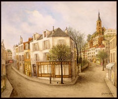 La Grande Rue un Dimanche - Large Mid 20th Century French Landscape Oil Painting