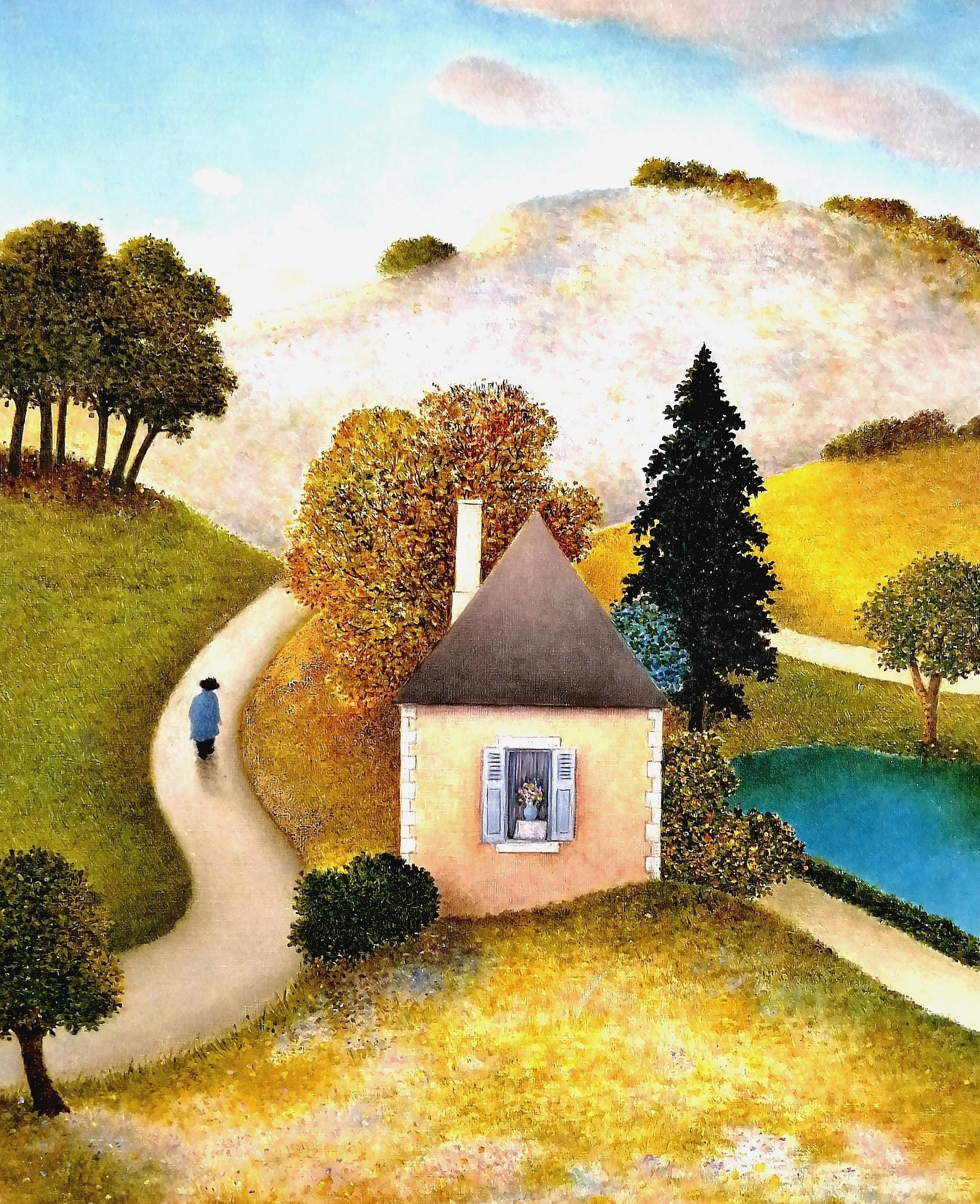 La Maison dans le Creux - Mitte des 20. Jahrhunderts Französisch Landschaft Ölgemälde (Beige), Landscape Painting, von Maurice Ghiglion-Green