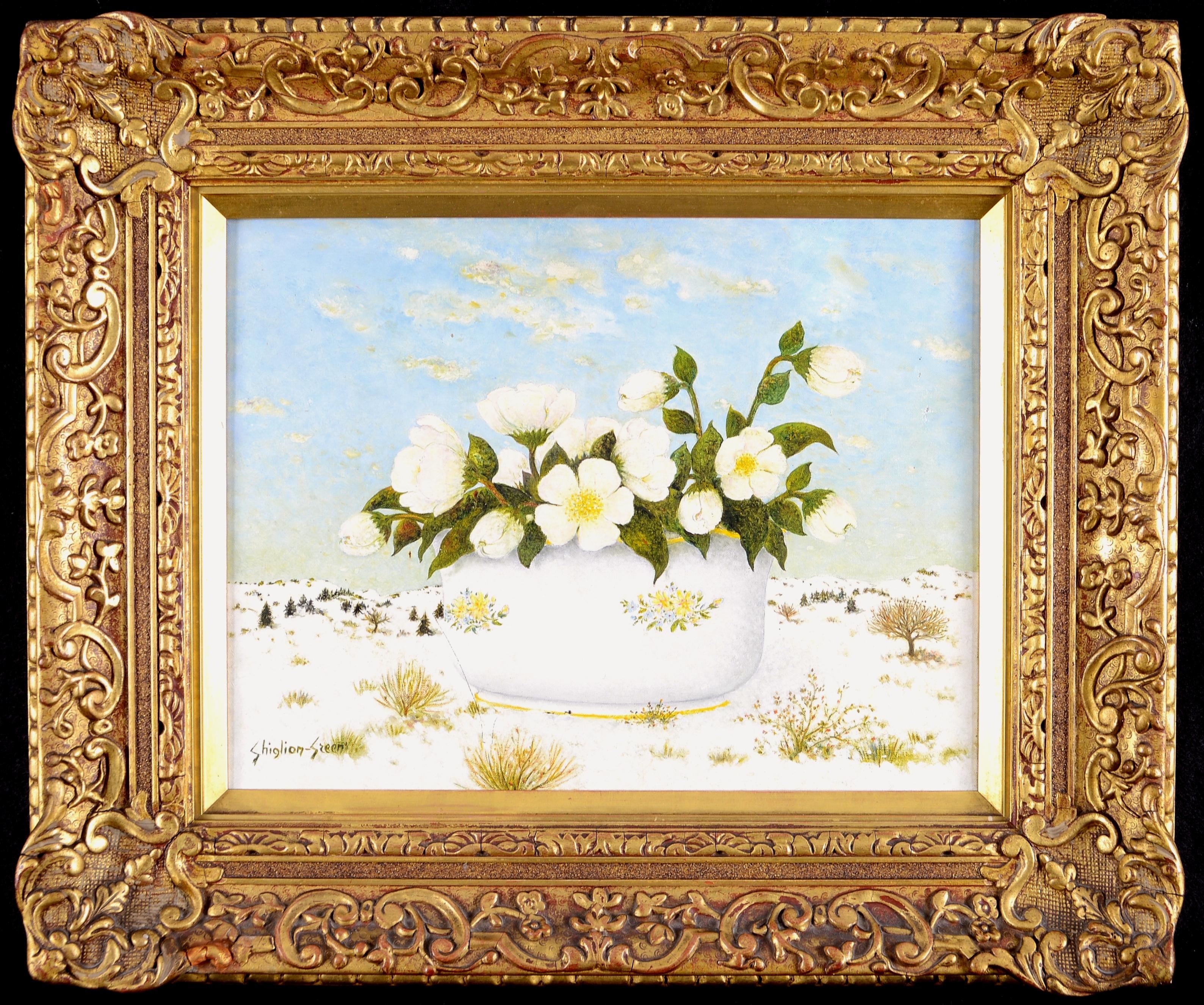 Landscape Painting Maurice Ghiglion-Green - Roses de Noël - Mid 20th Century French Christmas Flowers Still Life Painting