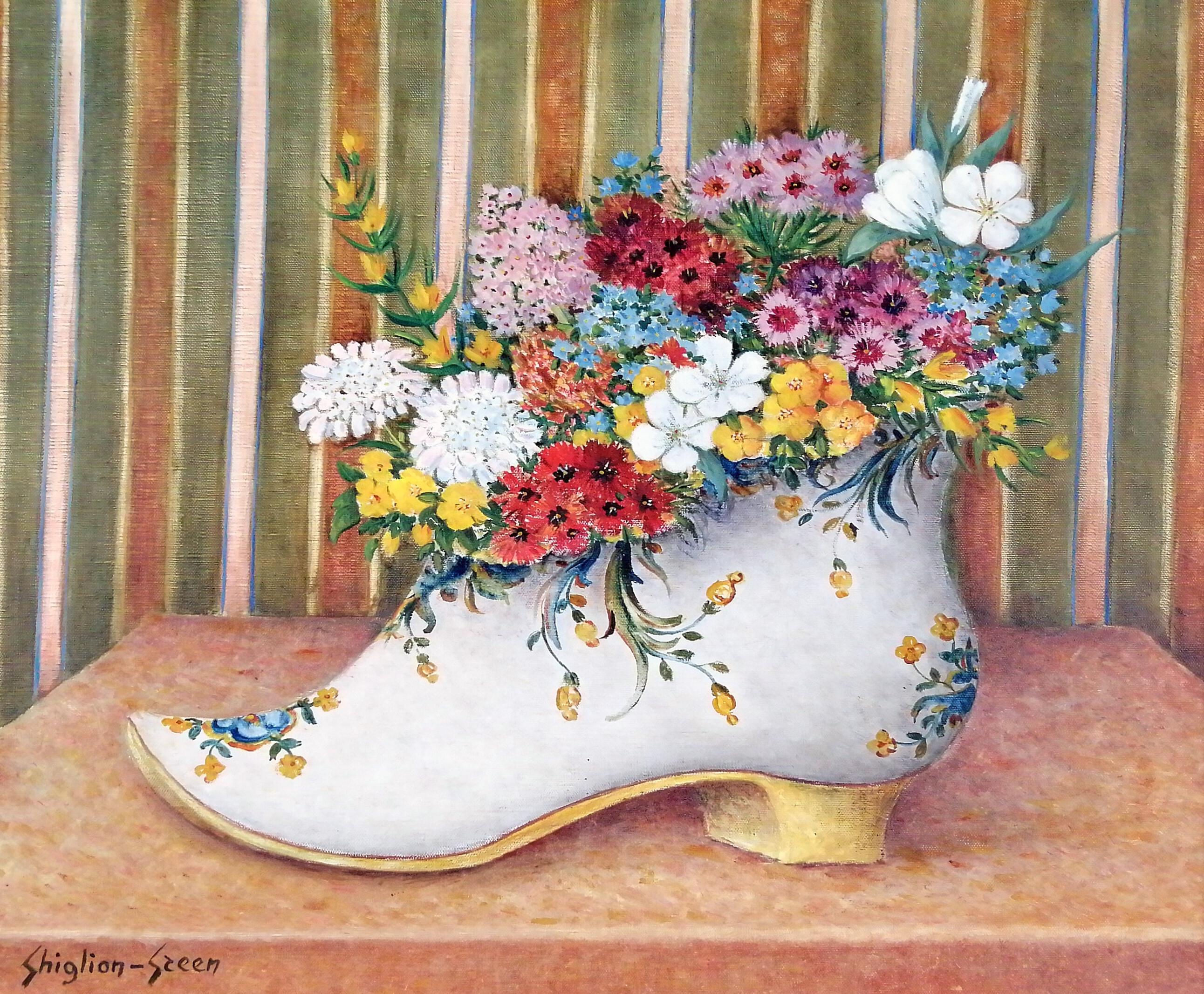 Sabot en Faïence Fleuri - Mitte des 20. Jahrhunderts Französisch Clog Stillleben Ölgemälde – Painting von Maurice Ghiglion-Green