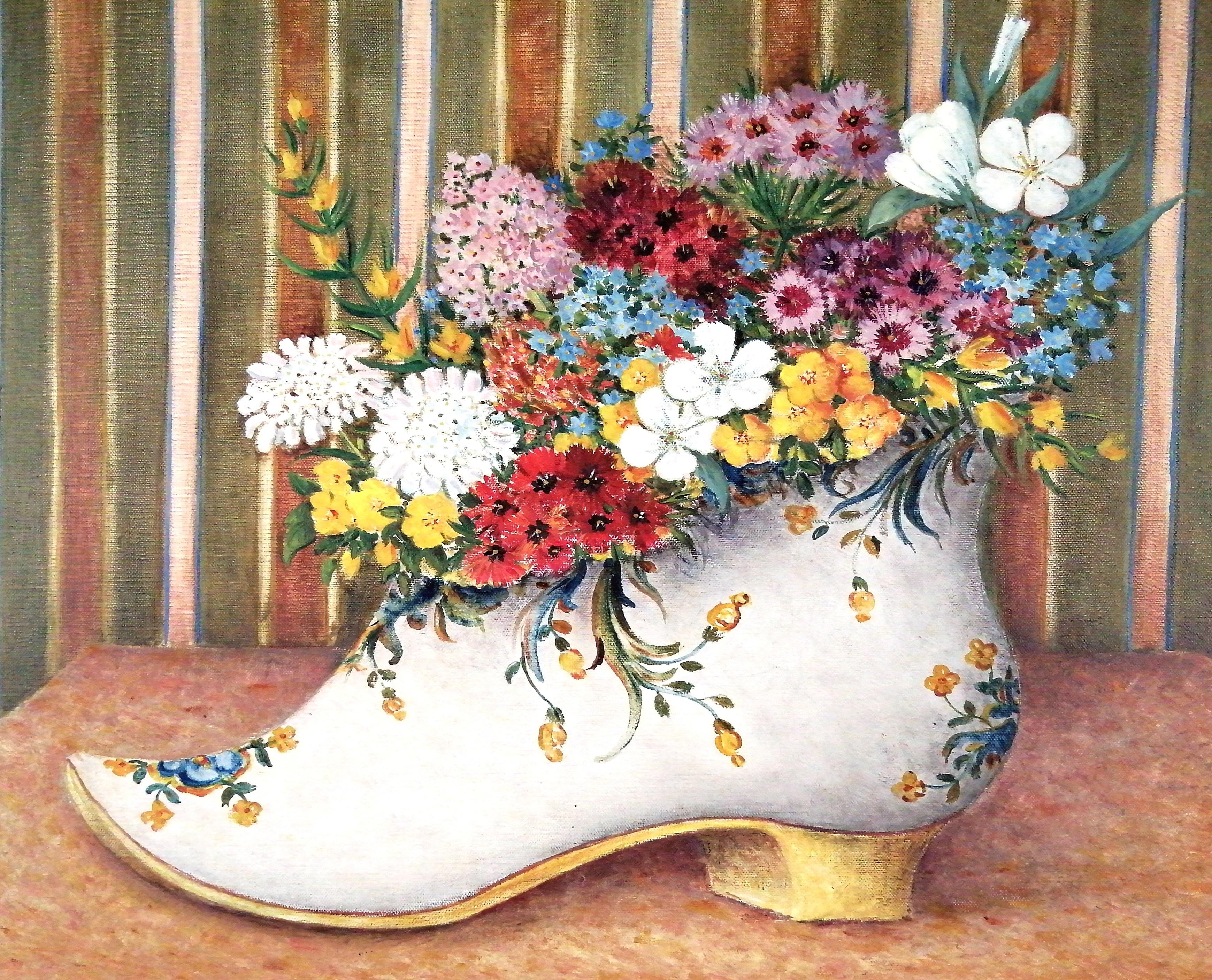 Sabot en Faïence Fleuri - Mitte des 20. Jahrhunderts Französisch Clog Stillleben Ölgemälde (Braun), Landscape Painting, von Maurice Ghiglion-Green