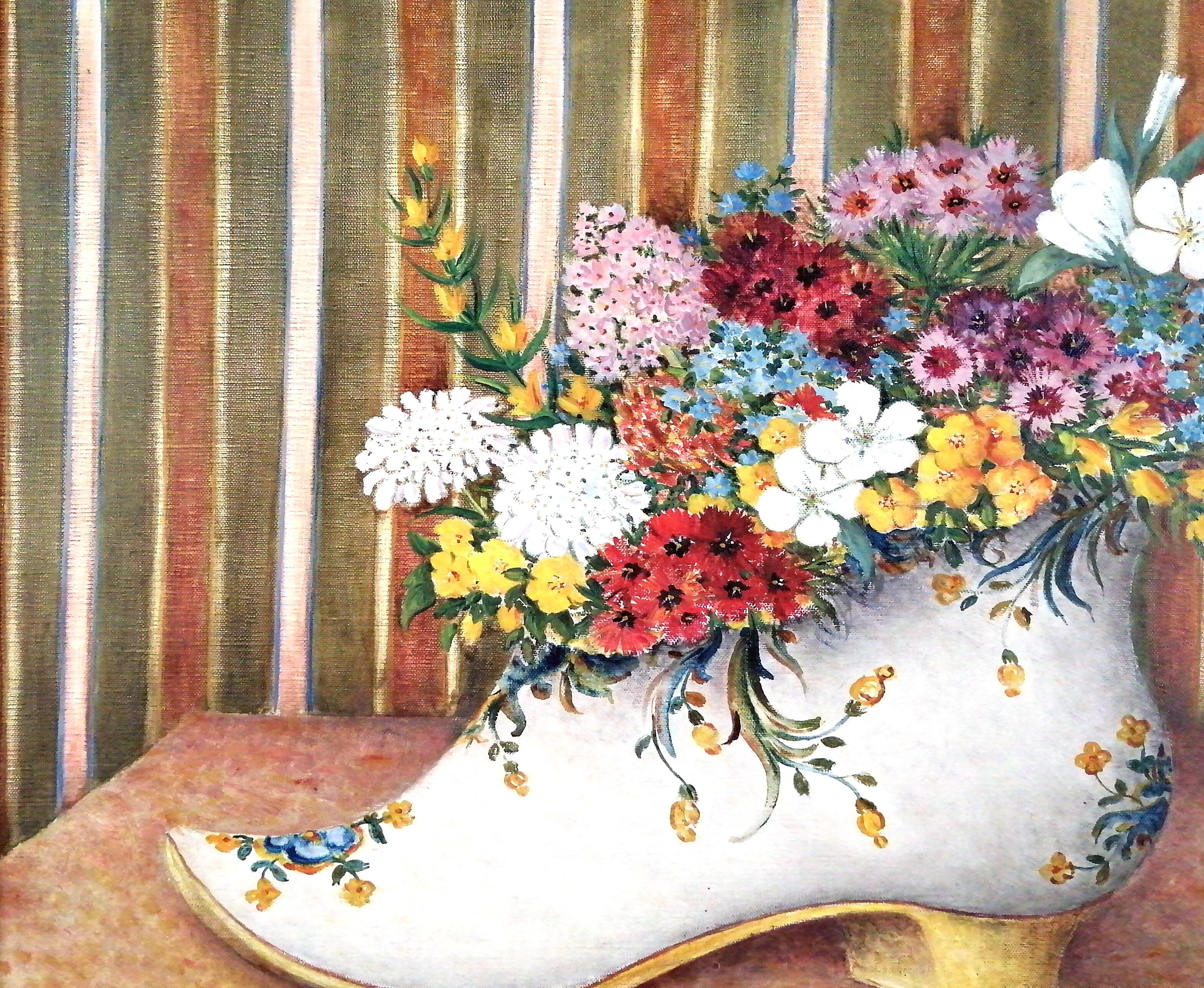 Eine schöne Mitte des 20. Jahrhunderts Französisch naïf Öl auf Leinwand Stillleben, das einen Holzschuh mit Blumen, von Maurice Ghiglion-Green. 

Der Künstler ist in Anatole Jakovskys ''Peintres Naïfs'' vertreten, das als die Bibel der französischen