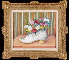 Vintage Sabot en Faïence Fleuri - Mid 20th Century French Clog Still Life Oil Painting