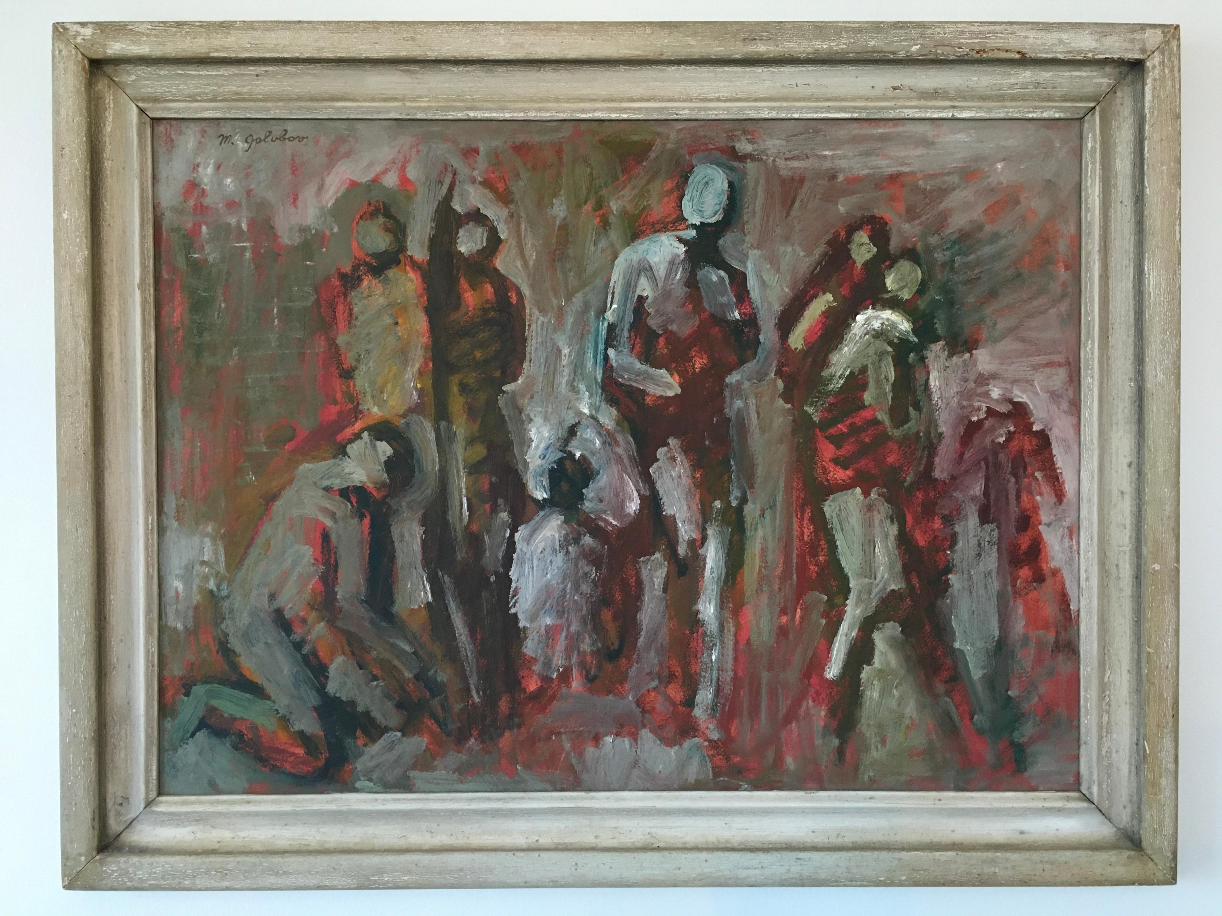 This work by Maurice Golubov, is an oil painting on board, and consists of a red, green, white, grey and brown color palette. This style of art is expressionist and figurative, with about six or seven discerned representational figures depicted.