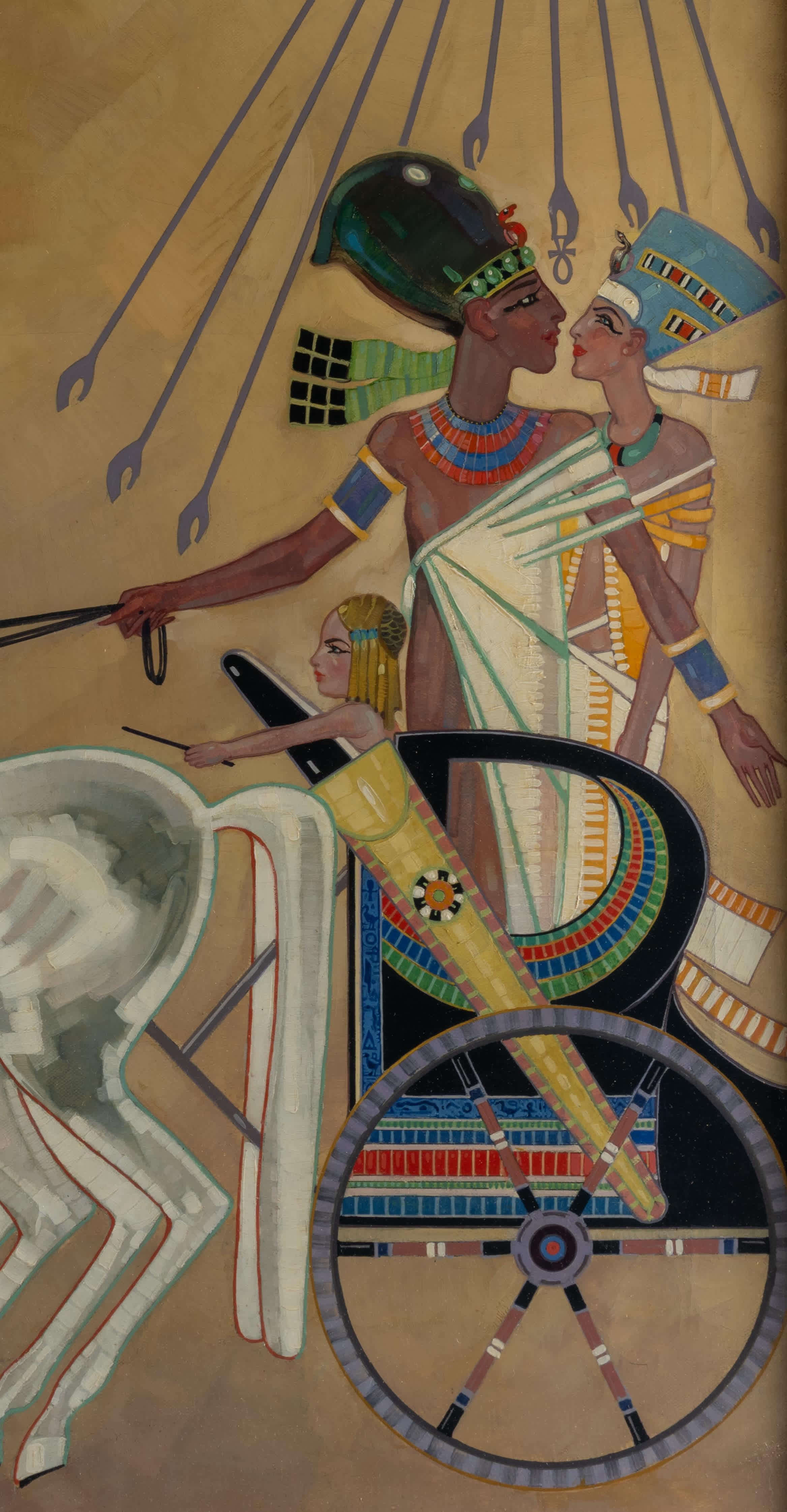 Maurice Greenberg
Amerikaner, 1893-1996
Der Pharao und seine Familie auf einem Streitwagen

Öl auf Leinwand
22 ¾ mal 26 ¾ Zoll, mit Rahmen 29 mal 32 ¼ Zoll
Signiert unten links

Maurice wurde in Milwaukee geboren, wo er seine erste Ausbildung an der