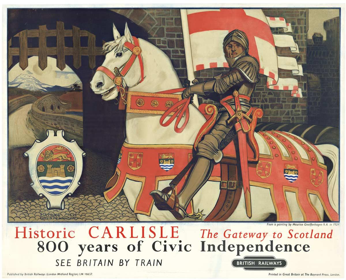 Maurice Greiffenhagen Landscape Print - Original Historic Carlisle -  Gateway to Scotland vintage railroad poster