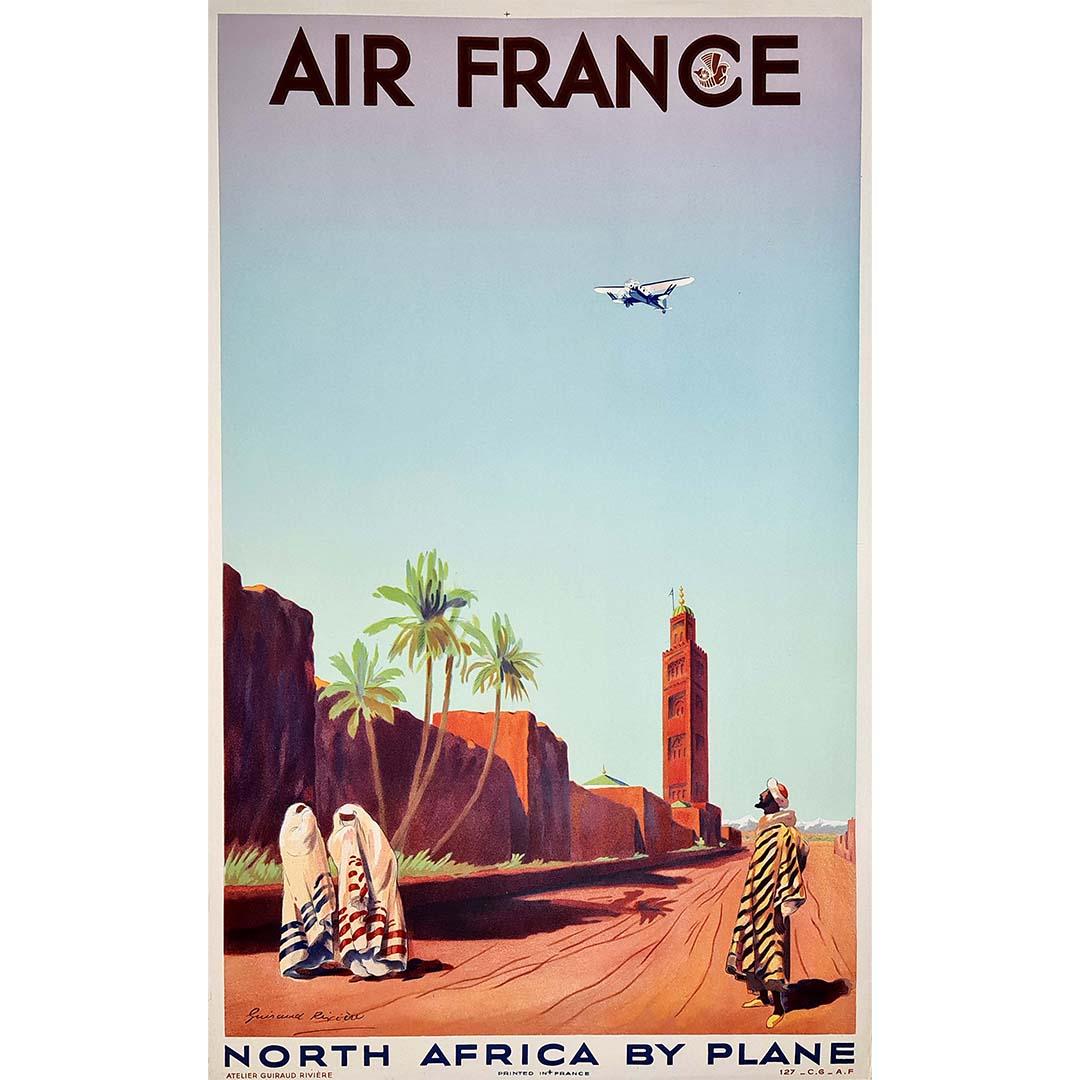 Plakat von Air France fein gedruckt in Lithographie auf Stein in 1934, das ein Flugzeug Breguet 393 T Limousine darstellt.

Es repräsentiert die Stadt Marrakesch und die Flugverbindungen zwischen Frankreich und Nordafrika einschließlich Marokko. Der