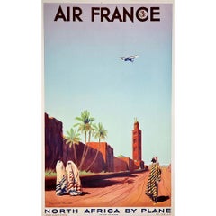 Cartel original de Air France de 1934 - África del Norte en avión - Aviación - Viajes