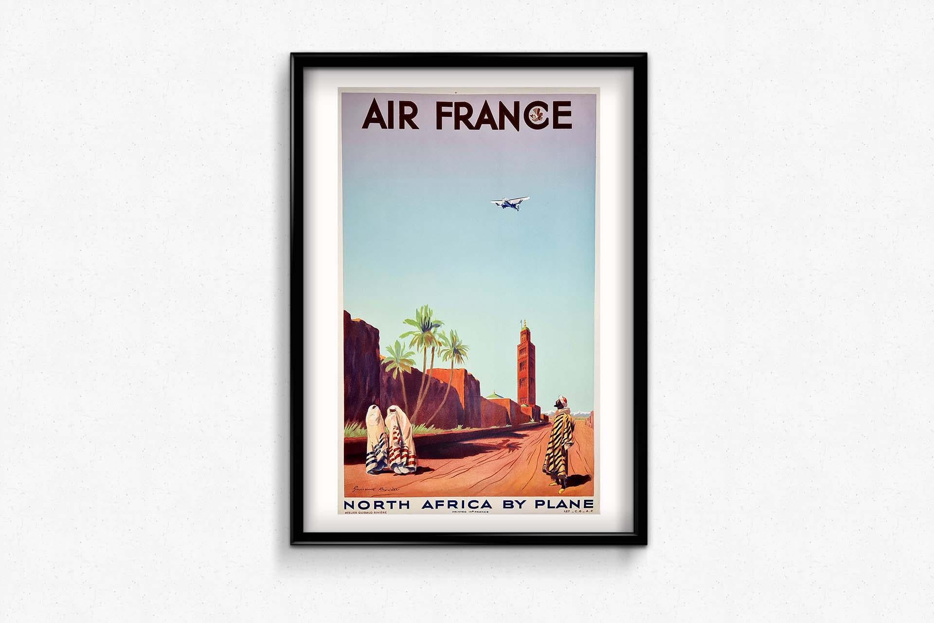 Poster of Air France finely printed in lithography on stone in 1934, representing a plane Breguet 393 T sedan.

It represents the city of Marrakech and the air links between France and North Africa including Morocco. The designer represents here the