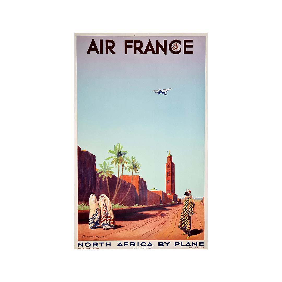 Originalplakat von Air France aus dem Jahr 1934  Nordafrika mit Flugzeug – Luftfahrt – Reisen – Print von Maurice Guiraud-Rivière