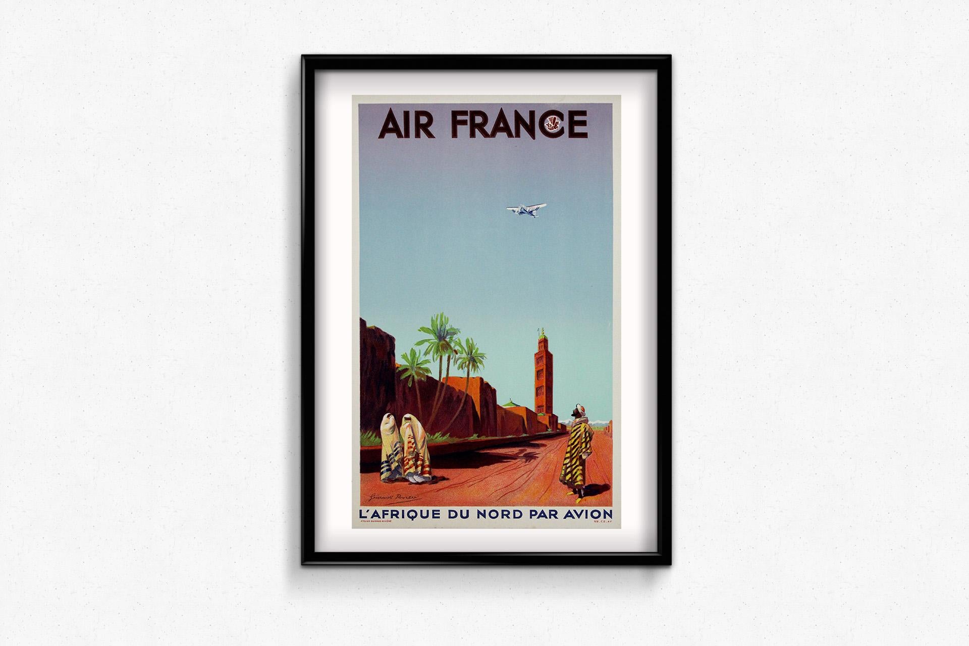 Questo straordinario poster di viaggio originale del 1935 circa è stato disegnato da Rivière Guiraud per Air France, per promuovere i viaggi aerei verso il Nord Africa in un periodo di rapida espansione dell'aviazione commerciale.

Realizzato nei