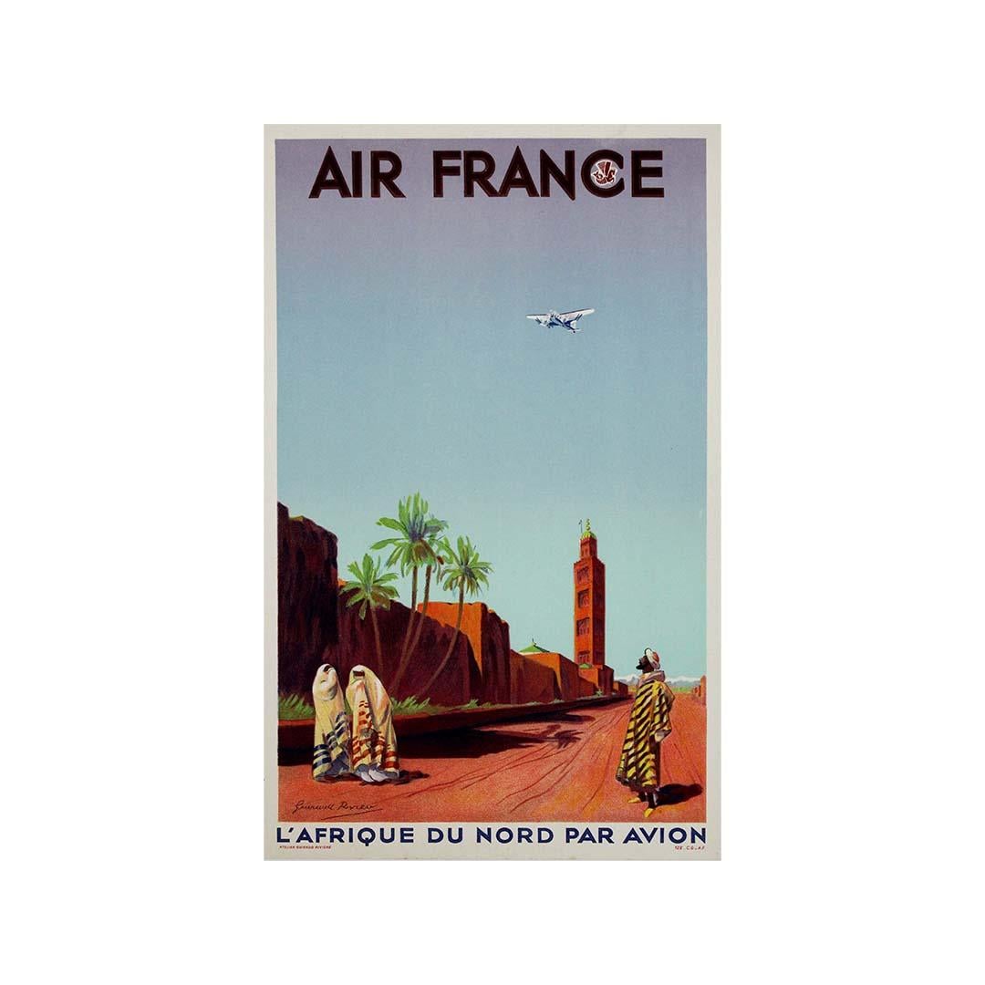 1935 Poster di viaggio originale di Guiraud Rivière - Air France - Nord Africa in vendita 2