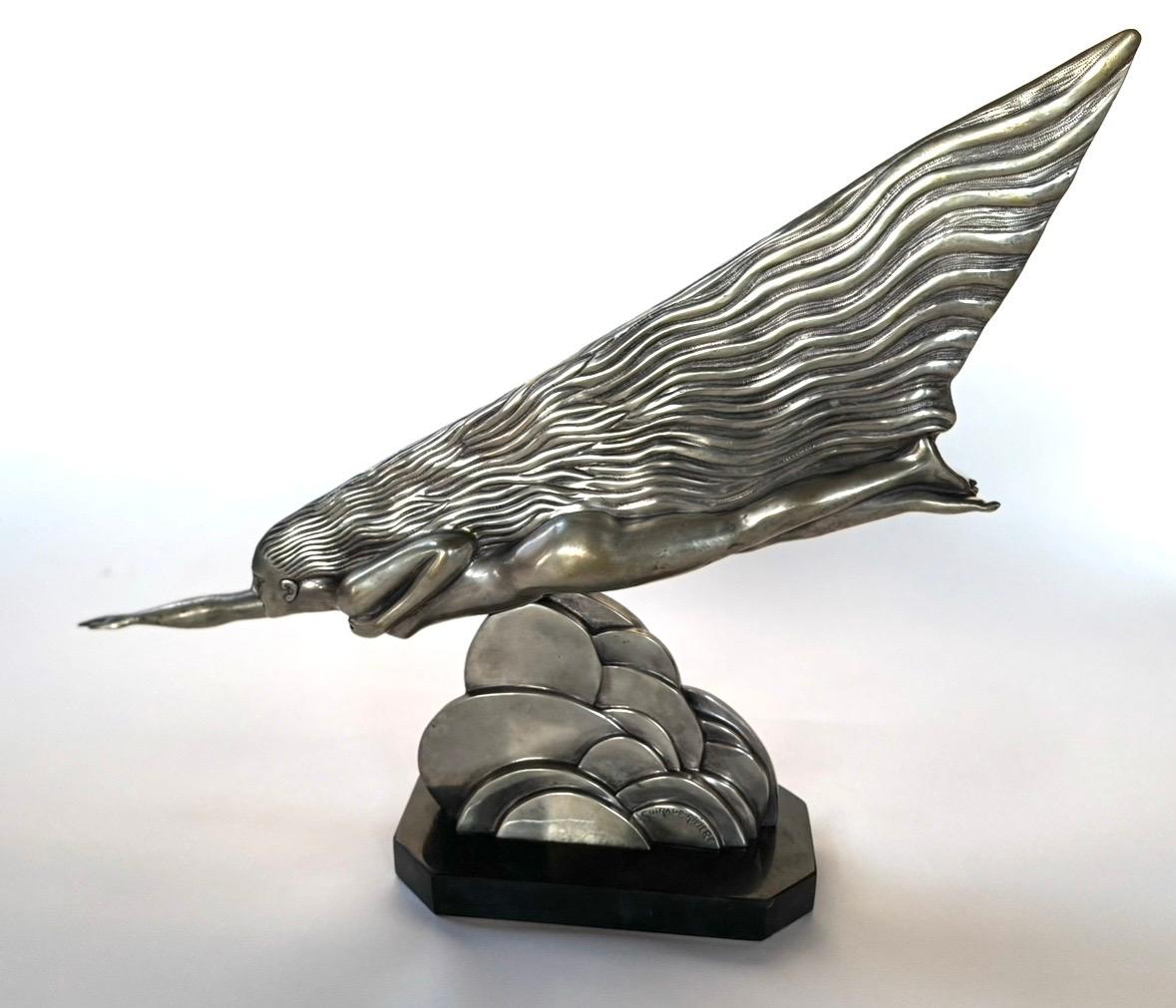 Maurice Guiraud-Rivière Figurative Sculpture - "La Comete" Iconic French Art Deco Silvered Bronze 1920s Female Nude