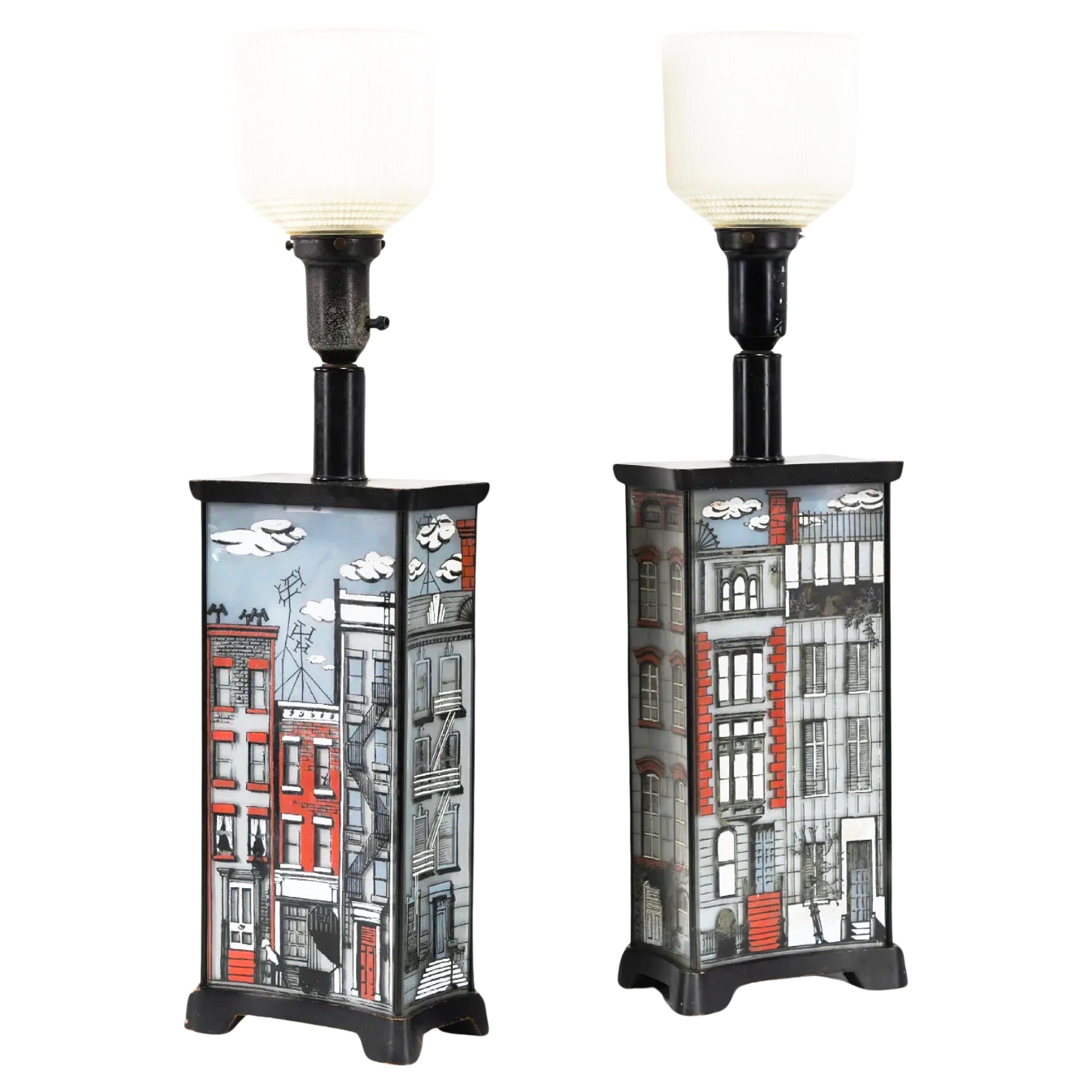 Maurice Heaton Brownstone Lamp Pair, Enameled Glass, 1950’s, USA. For Sale
