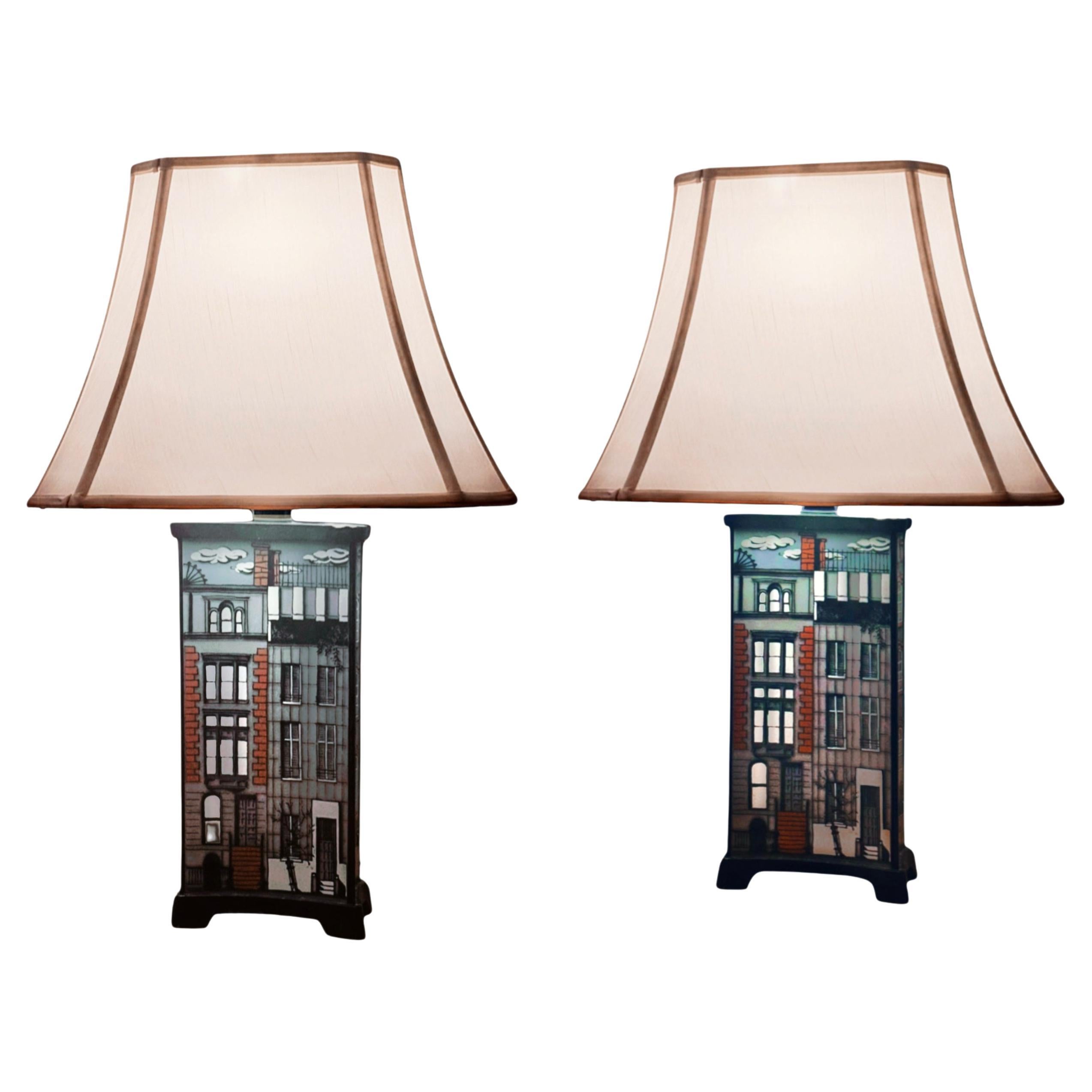 Paire de lampes Brownstone de Maurice Heaton, verre émaillé, années 1950, États-Unis. en vente