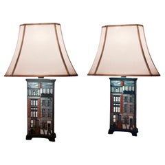 Maurice Heaton Brownstone Lamp Pair, Enameled Glass, 1950’s, USA.