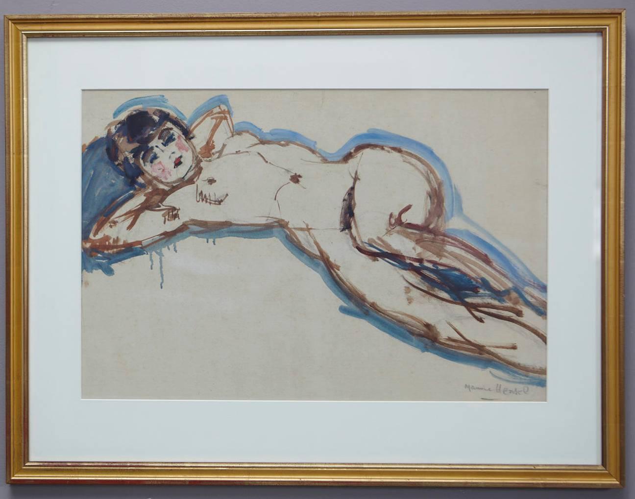 Lovely watercolor of a female nude by Maurice Henri Hensel (French, 1890-1958), circa 1940s.
Signed at the lower right.
Measurements: with frame H 24.25 x 31.75 x 0.88, sight H 16 x W 24 inches.

Maurice Henri Hensel was an artist of l'Ecole de