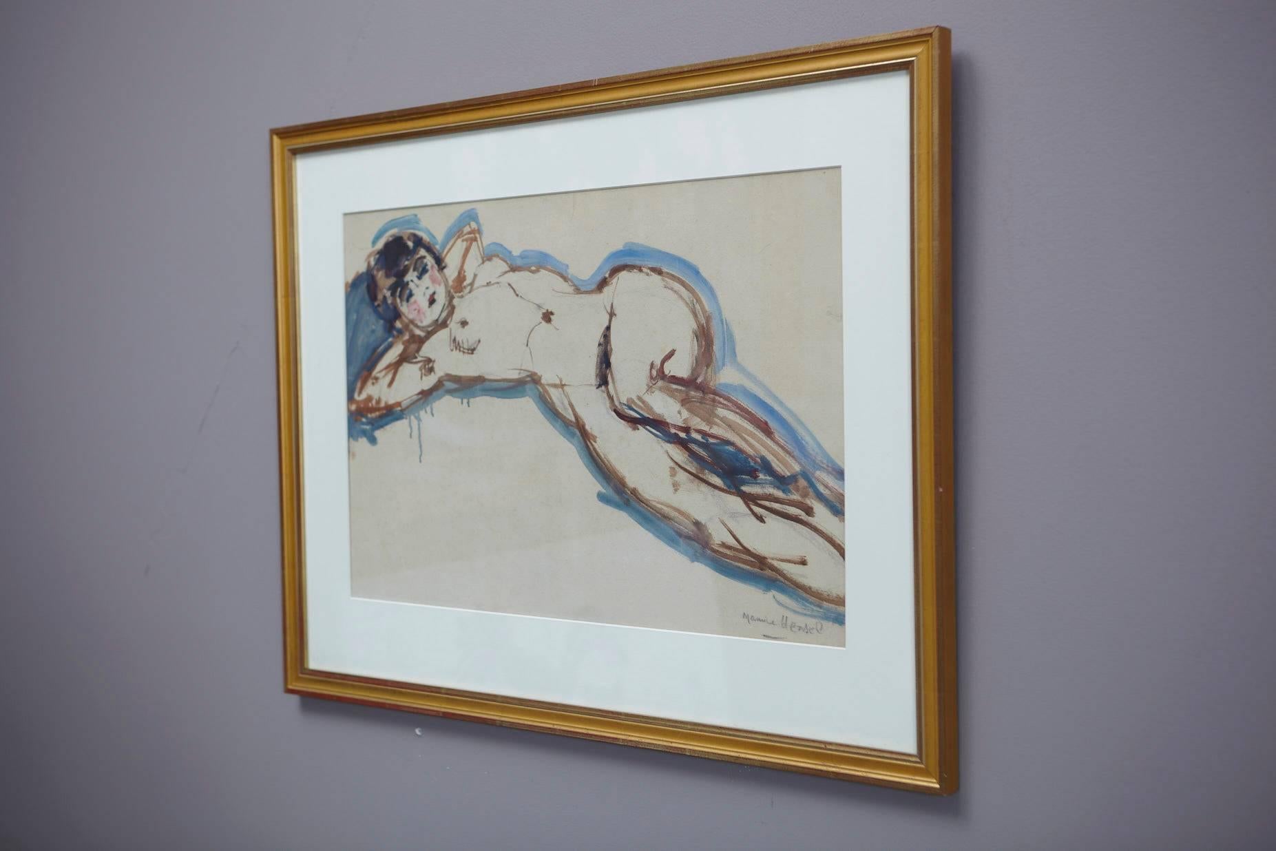 Maurice Henri Hensel, Watercolor on Board of Female Nude, circa 1940s In Good Condition In Pau, FR