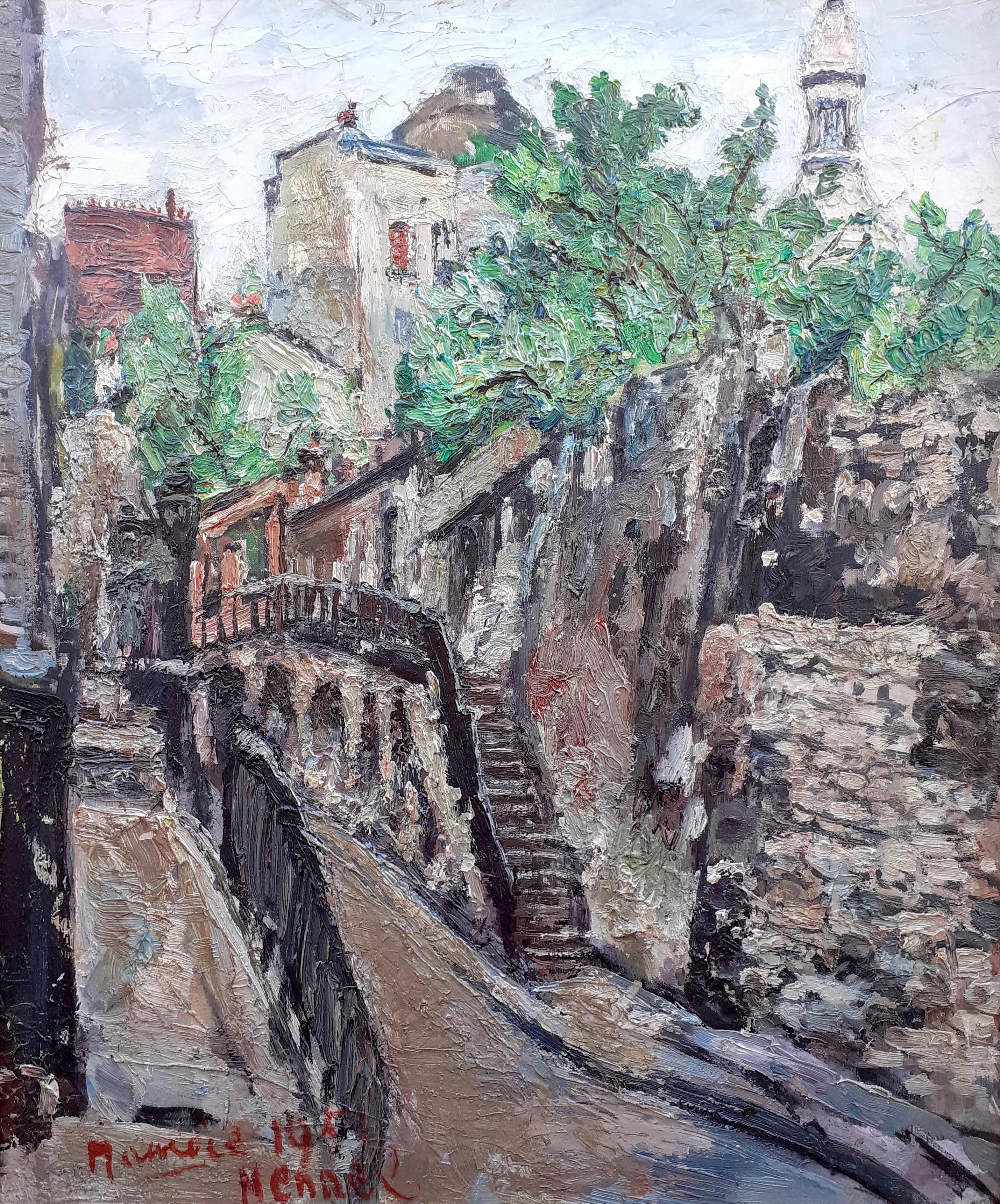 Montmartre Sacre Coeur French Paris cityscape Utrillo-like painting  - Painting by Maurice Henri Hensel