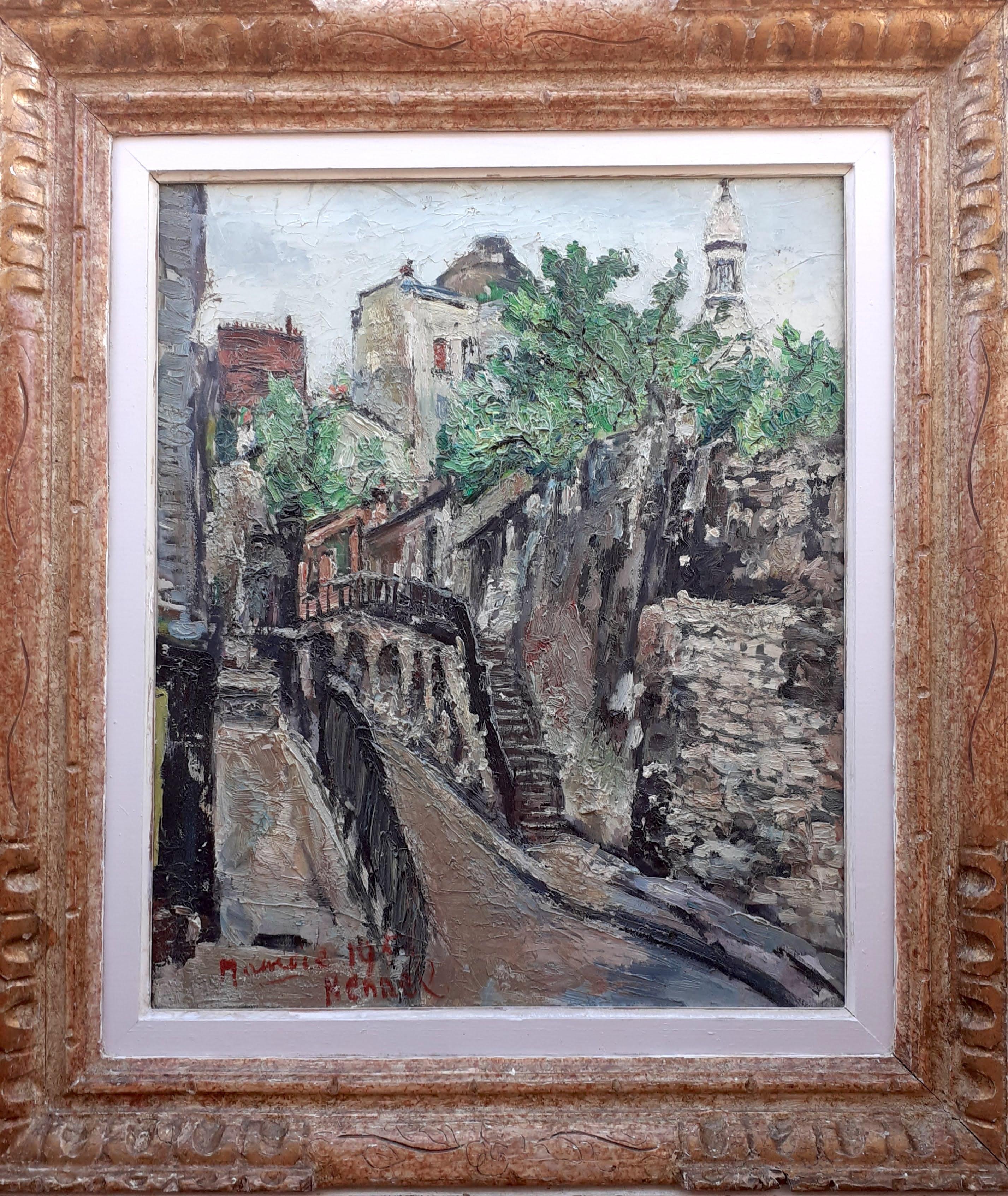 Maurice Henri Hensel Landscape Painting – Montmartre Sacre Coeur Französische Pariser Stadtlandschaft Utrillo-ähnliches Gemälde