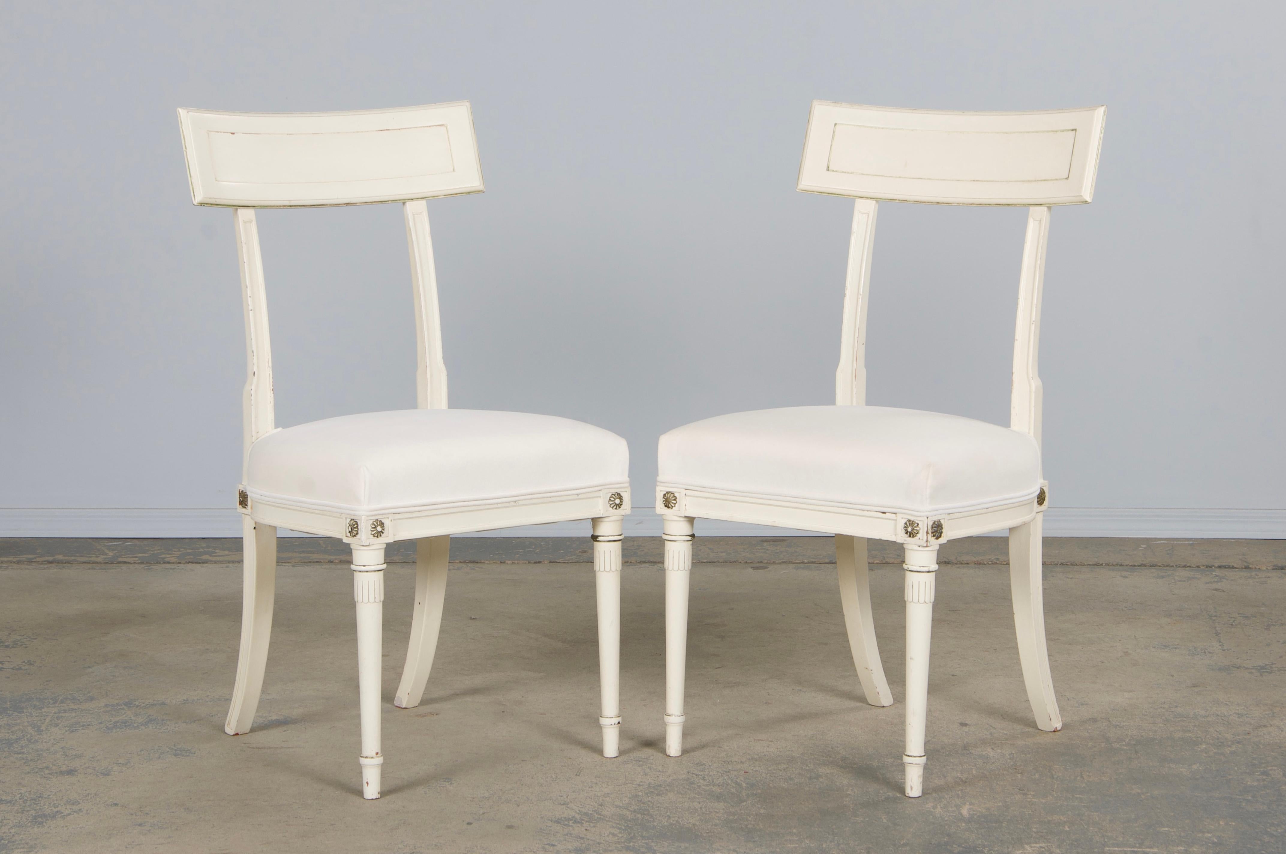 Metal Six French Neoclassical Dining Chairs in Off-White Velvet by Maurice Hirsch For Sale