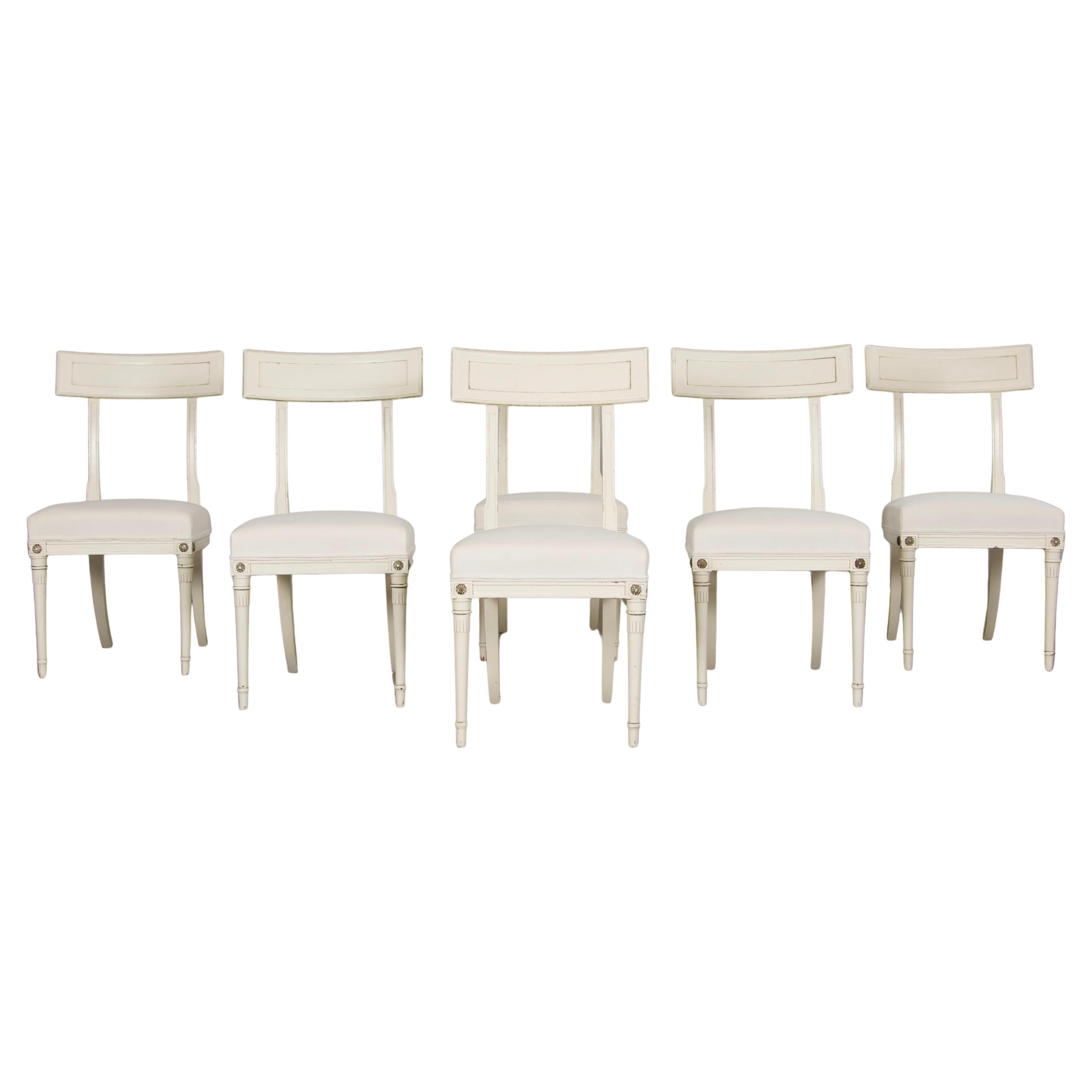Six French Neoclassical Dining Chairs in Off-White Velvet by Maurice Hirsch For Sale