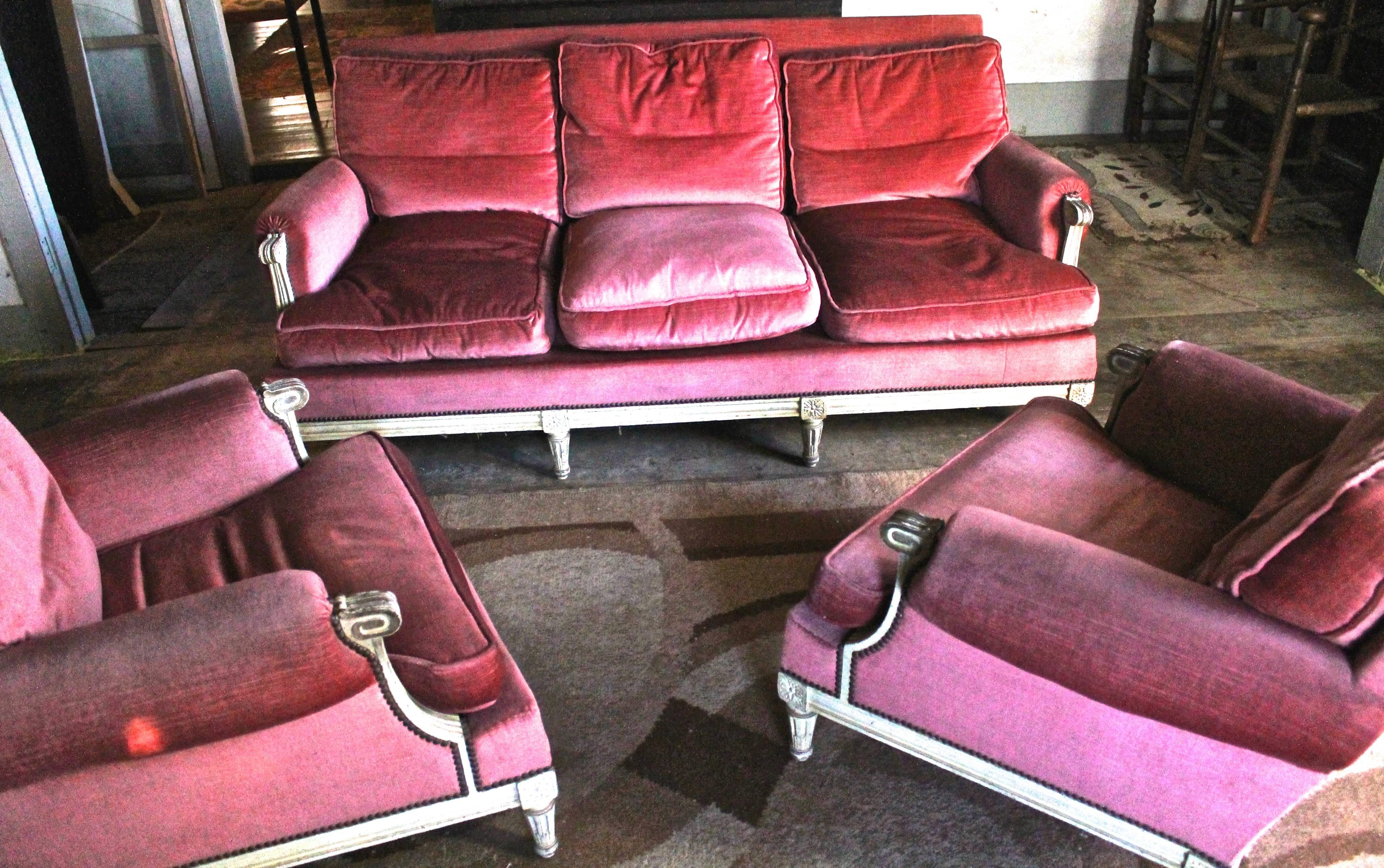 Upholstery Maurice Hirsch Sofa and Armchairs, 1940s, Louis XVI Style For Sale