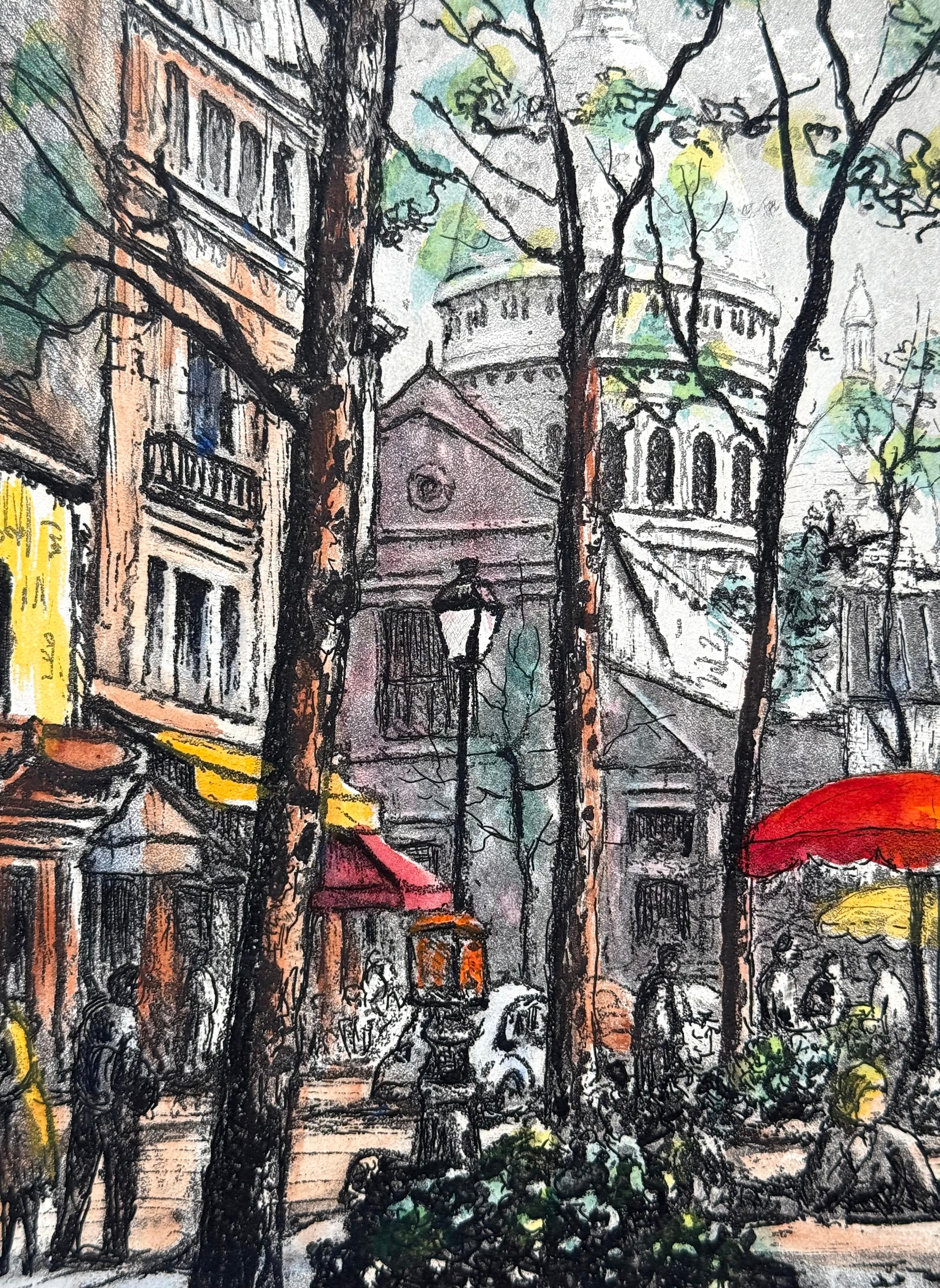 Litografía original coloreada a mano del artista francés Maurice Jacque de la Place du Tertre en Montmartre, París, Francia. Firmado en el margen inferior derecho. Titulado en el margen inferior izquierdo.  Alrededor de 1900.  El estado es