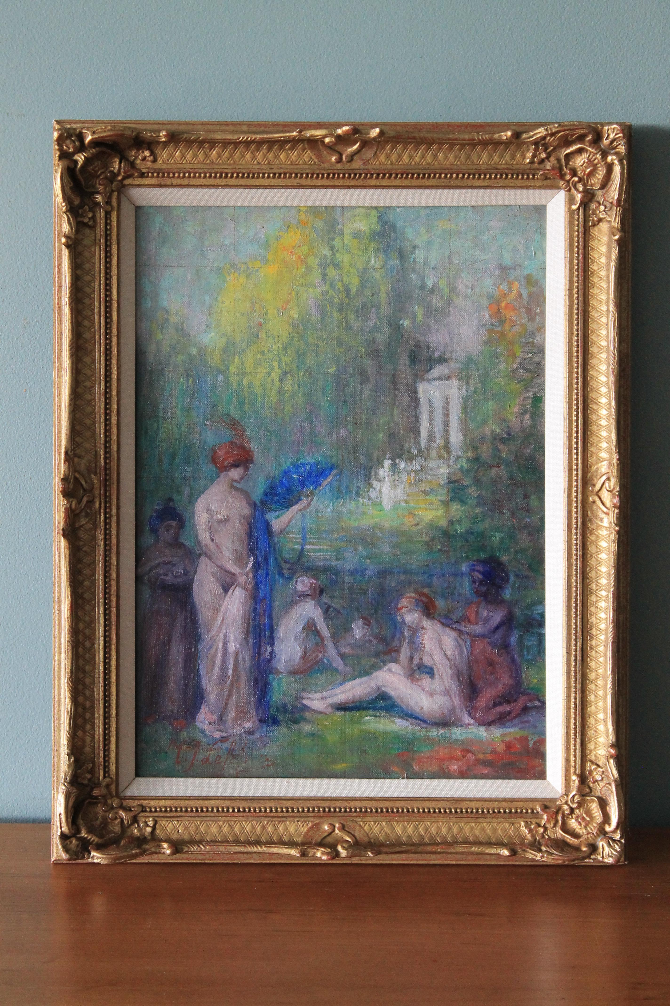 1920's oil painting of the mythical, magical three graces on canvas by Belgium artist, Maurice Jean Lefebvre (1873-1954).  Various interpretations of the three graces have been identified throughout the ages and they are featured in the painting