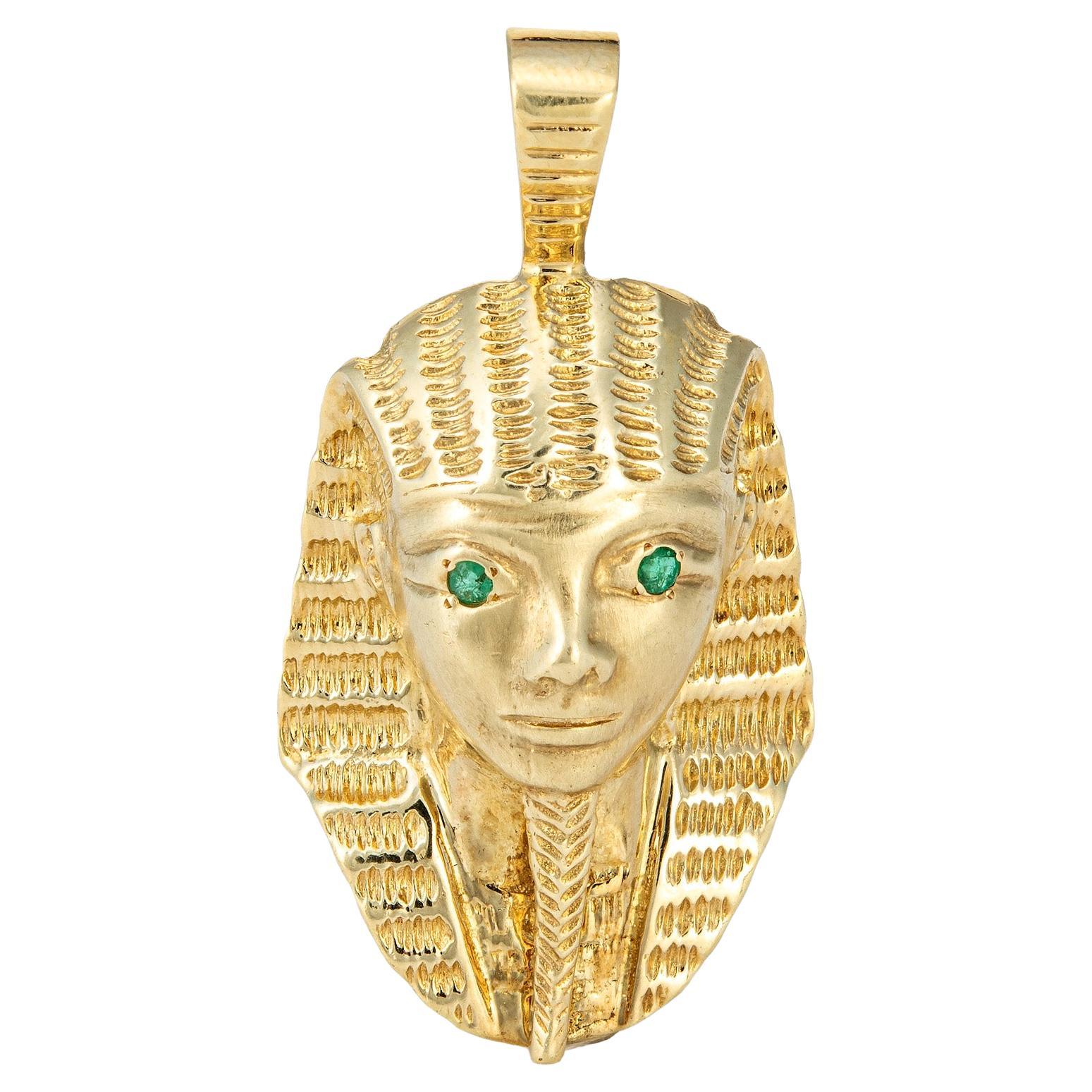 Maurice Katz Pendant Egyptian Pharaoh 14k Yellow Gold Emerald Eyes Jewelry For Sale