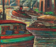 Around East River, NYC Bridge, City Scene Oil Painting WPA Era 1940s