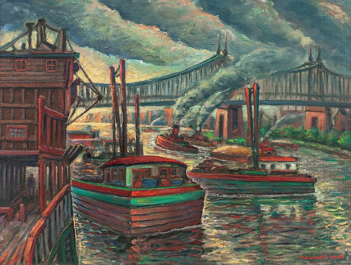 Around East River, NYC Bridge, City Scene Oil Painting WPA Era 1940s For Sale 1