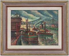 Alrededor del East River, puente de NYC, escena urbana Pintura al óleo WPA Era 1940s