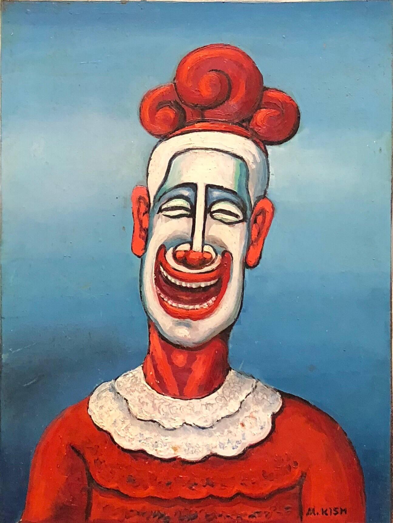 Maurice Kish Portrait Painting - Clown, Modernist Oil Painting on Board WPA Artist