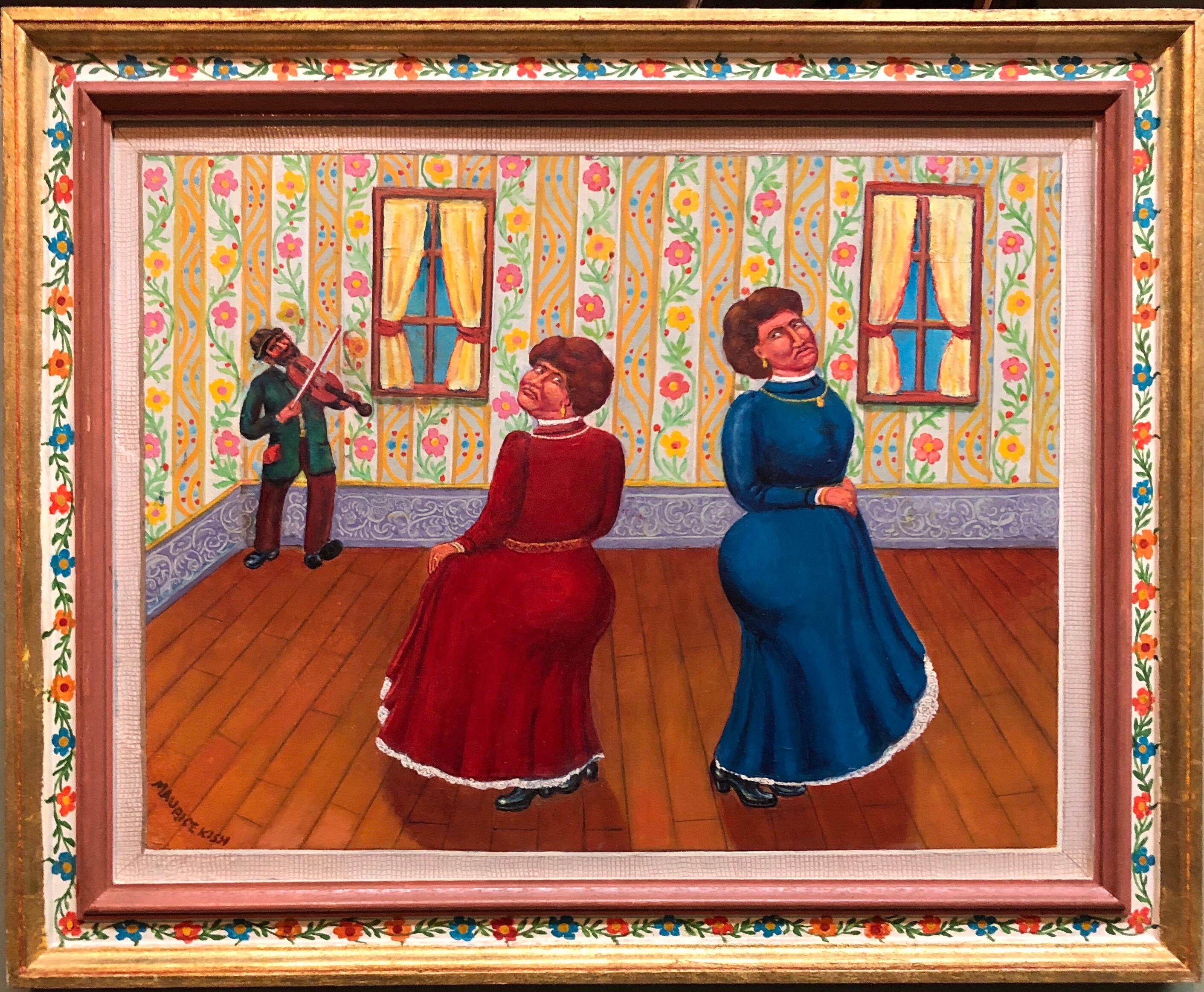 Danza de las In leyes Escena de boda Judaica Shtetl Pintura al óleo WPA Artista judío - Painting de Maurice Kish