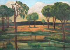 Paysage fluvial du début de la période moderniste avec arbres et montagnes, artiste de la WPA
