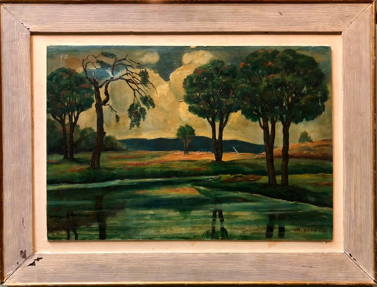 Early Modernist River Landscape with Trees and Mountains WPA artist - Painting by Maurice Kish
