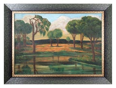 Paysage fluvial du début de la période moderniste avec arbres et montagnes, artiste de la WPA