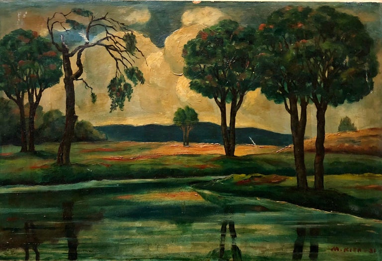 Maurice Kish Landscape Painting - Early Modernist River Landscape with Trees and Mountains WPA artist