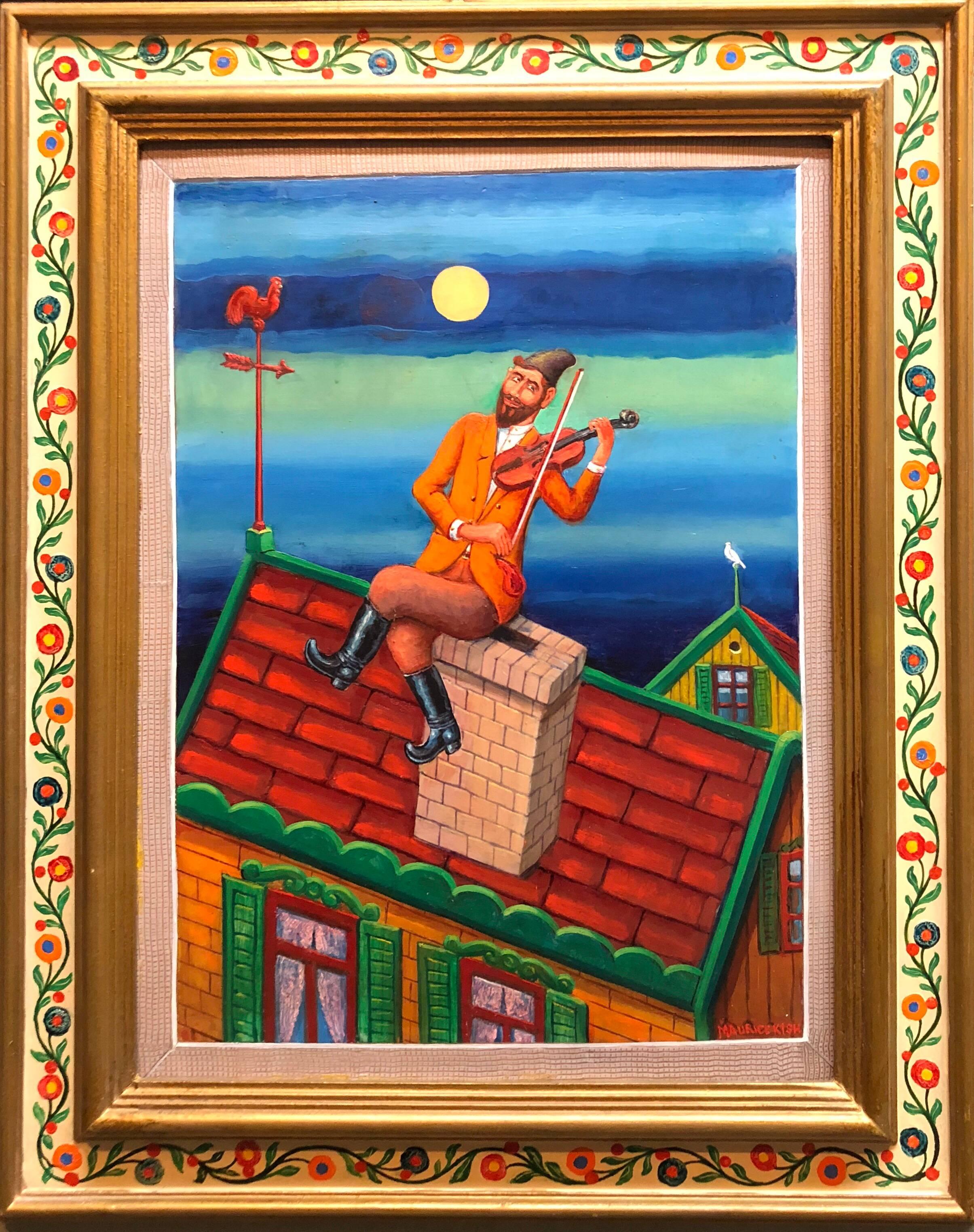 Genre: Modern
Subject: Fiddler on the roof
Medium: Oil
Surface: Board, size includes artist decorated frame
Country: United States

The imagery of Maurice Kish (1895-1987), whether factories or carousels, reliably subverts expectations. His vision