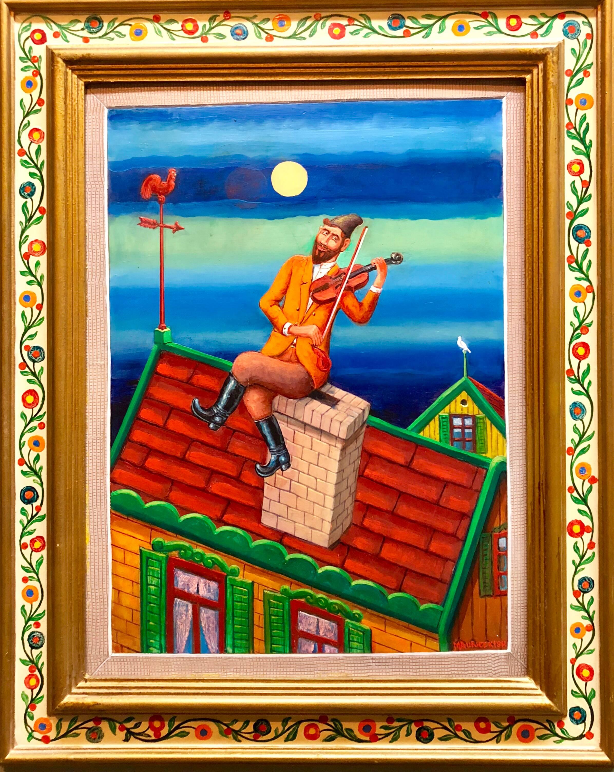 Maurice Kish Figurative Painting - Fiddler on the Roof Modern Judaica Shtetl Oil Painting WPA Jewish artist