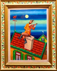 Fiddler on the Roof - Peinture à l'huile moderne judaïque de Shtetl, artiste juif de la WPA